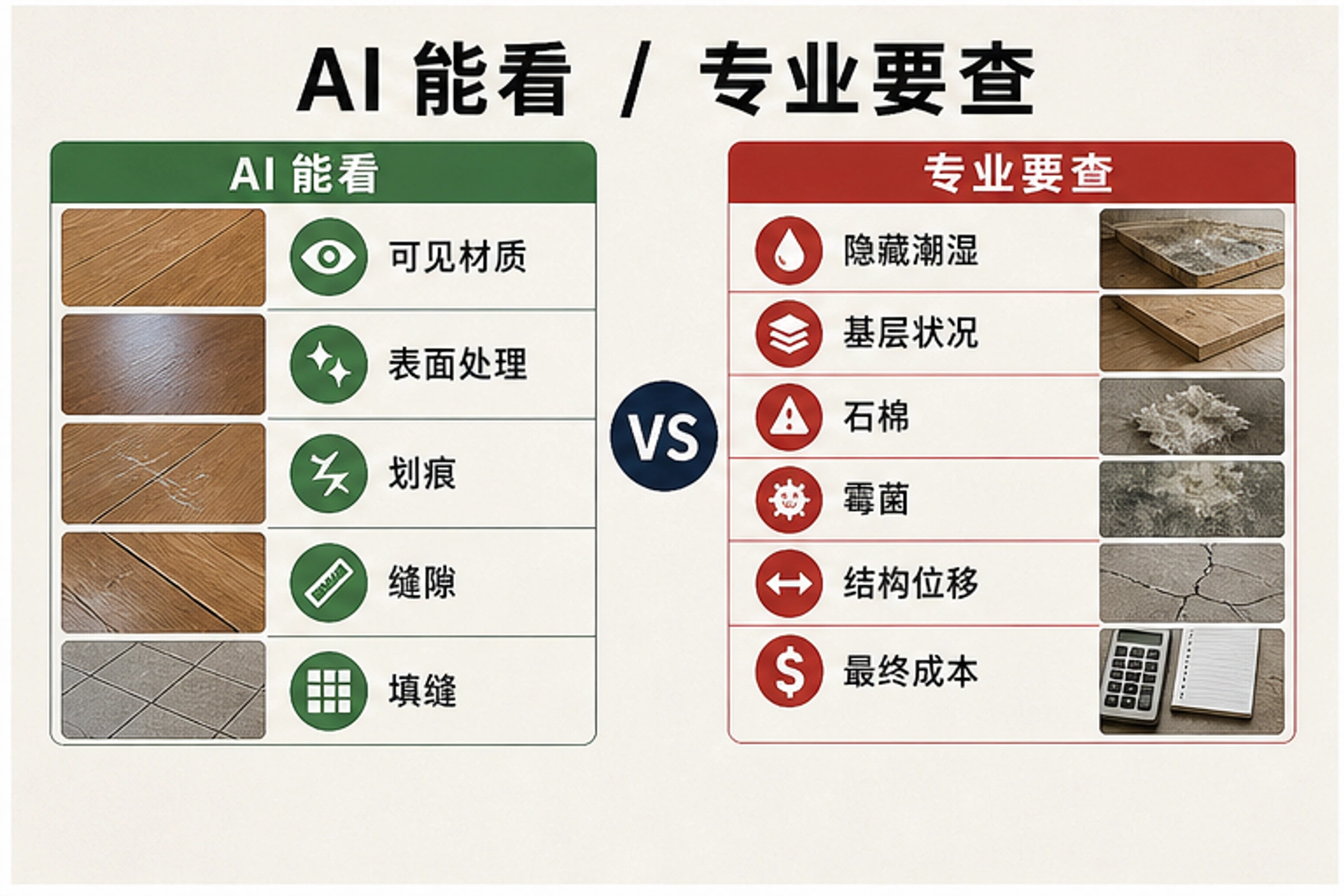 地板照片可见线索与需要专业检查的边界。