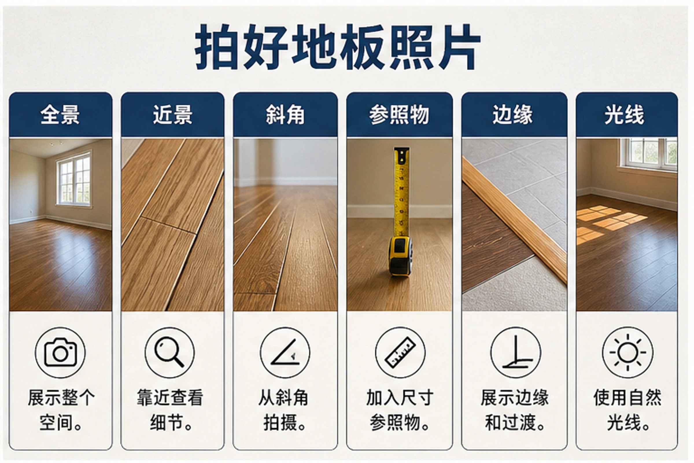 地板照片拍摄清单,包含全景、近景、低角度、参照物、边缘和光线。