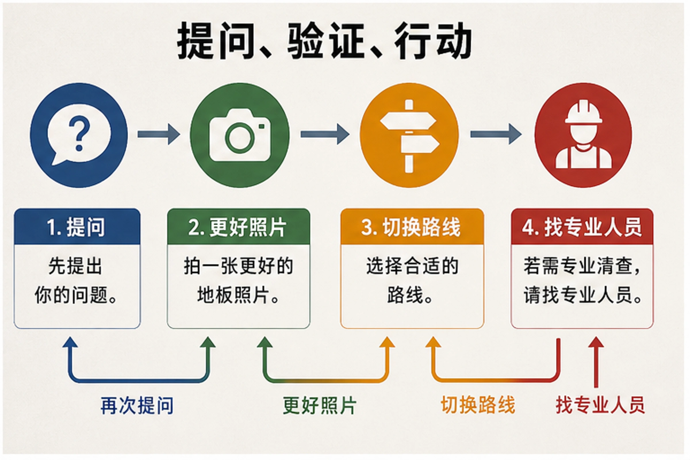地板照片提问流程,先缩小问题,再补照片、换工具或找专业人员。