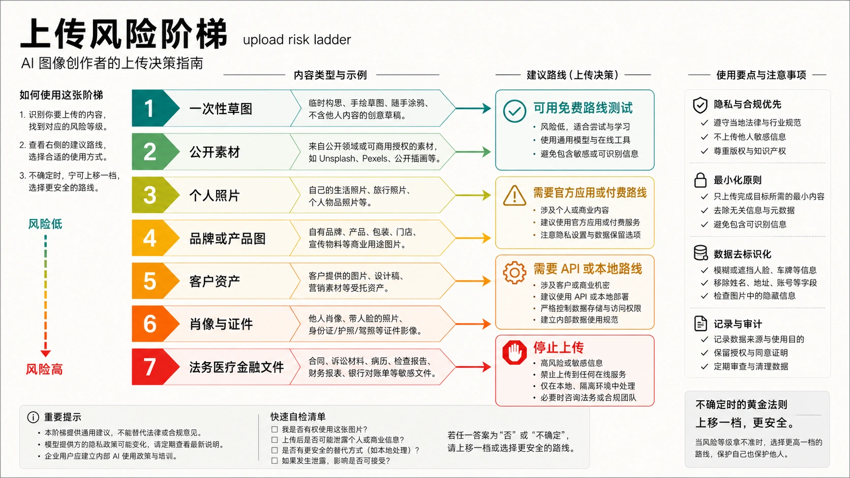 选择 AI 图片生成器上传参考图前的风险阶梯