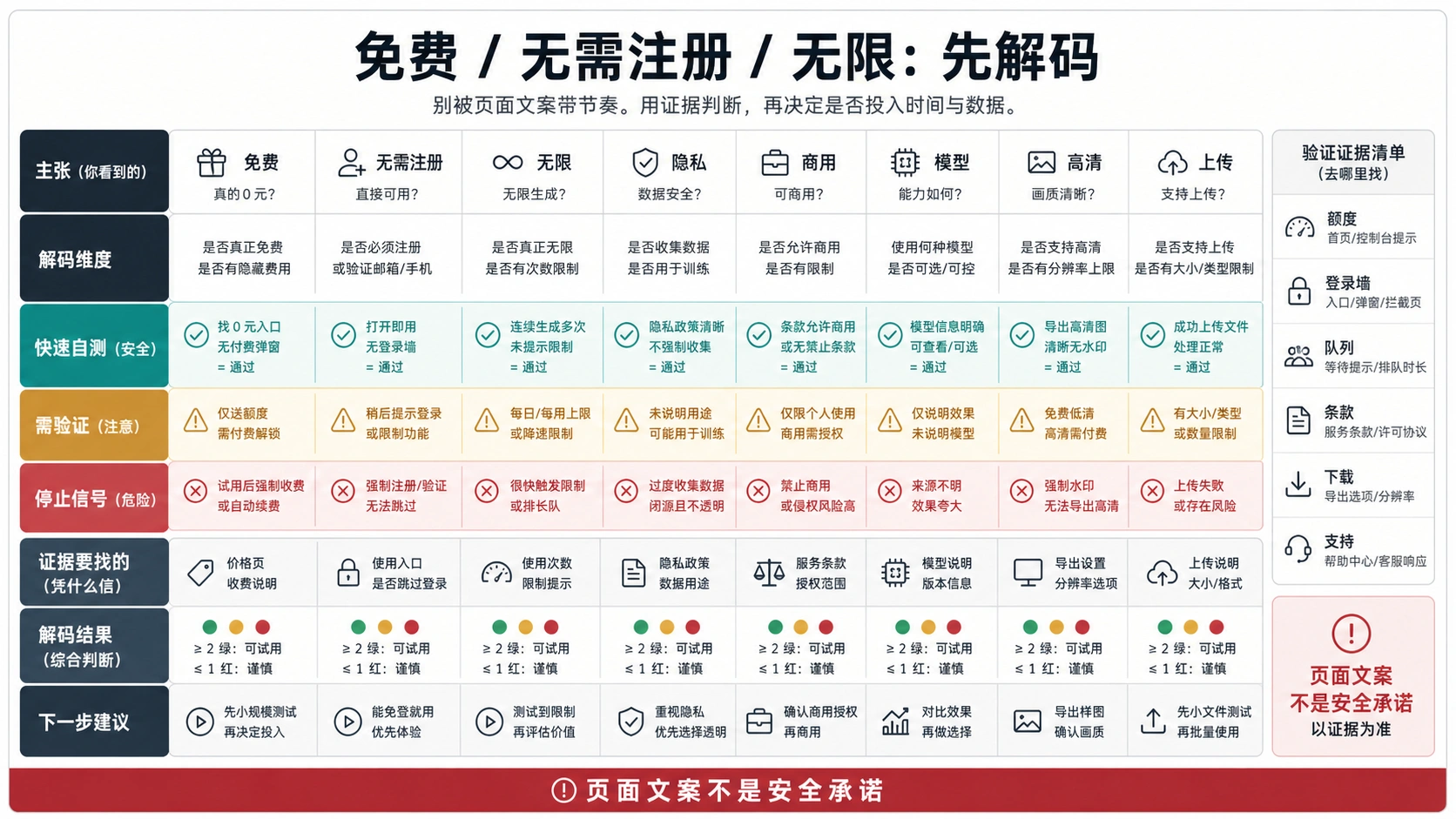免费无需注册 AI 图片生成器的主张解码板,检查免费、无限、隐私、商用和上传承诺