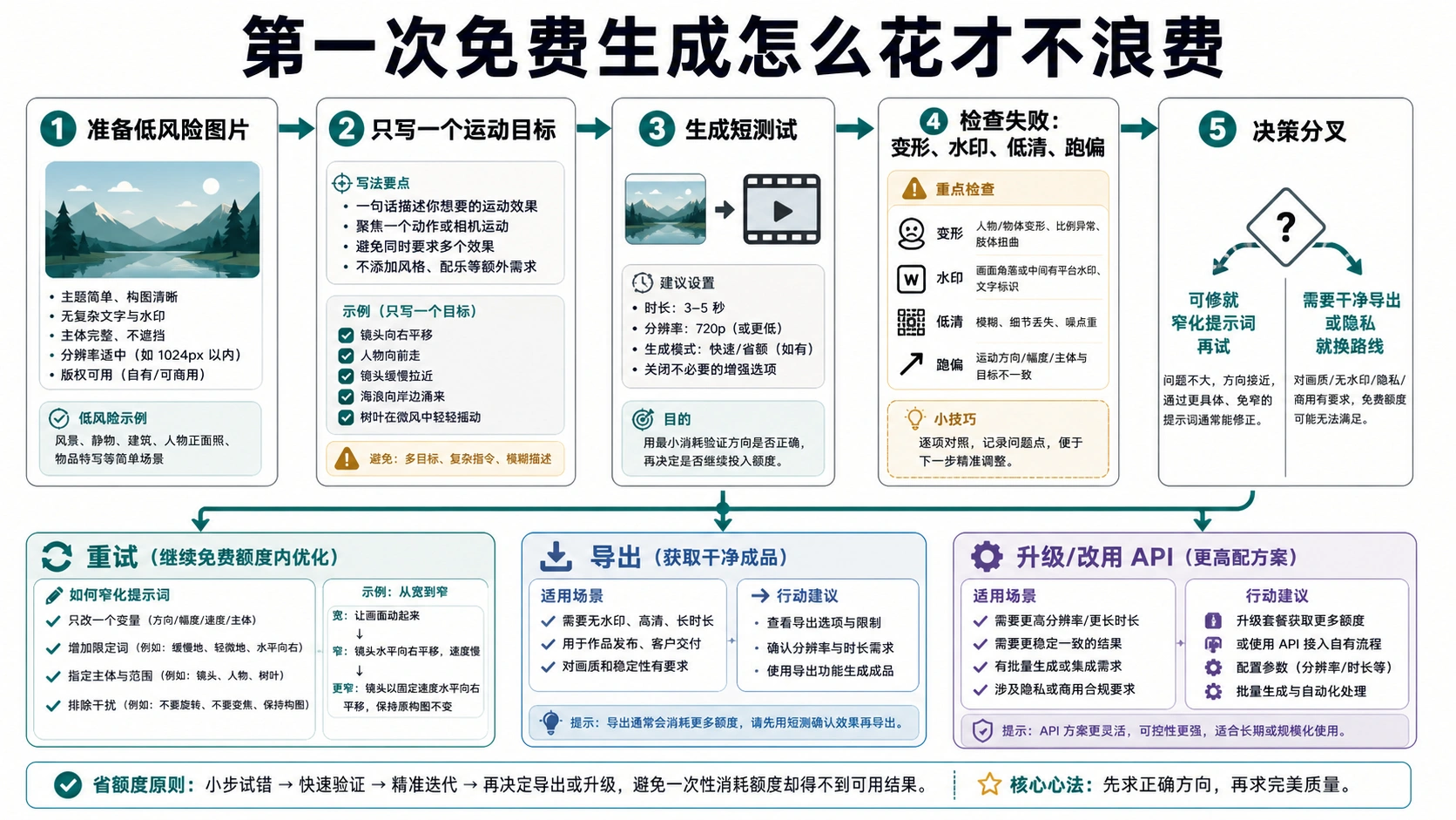 第一次免费生成流程:准备安全图片、缩窄运动目标、测试、检查失败并决定重试或换路线