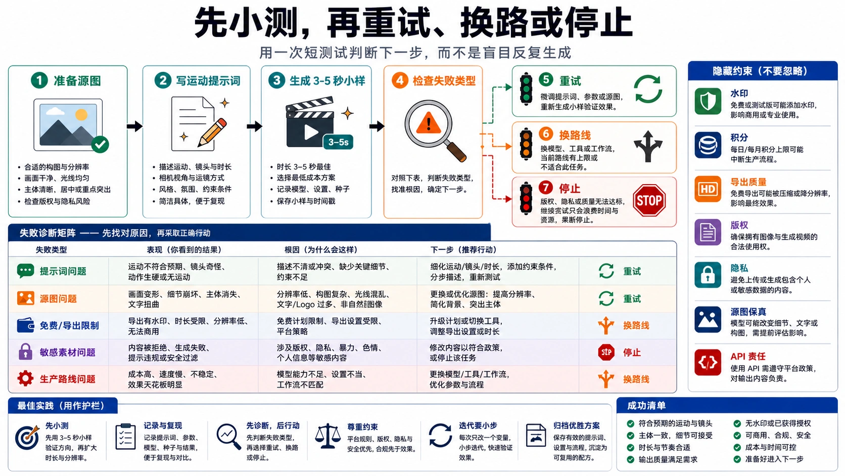 第一次图片转视频测试的流程:准备原图、写短提示、生成短片、诊断失败,再决定重抽、换路线或停止。