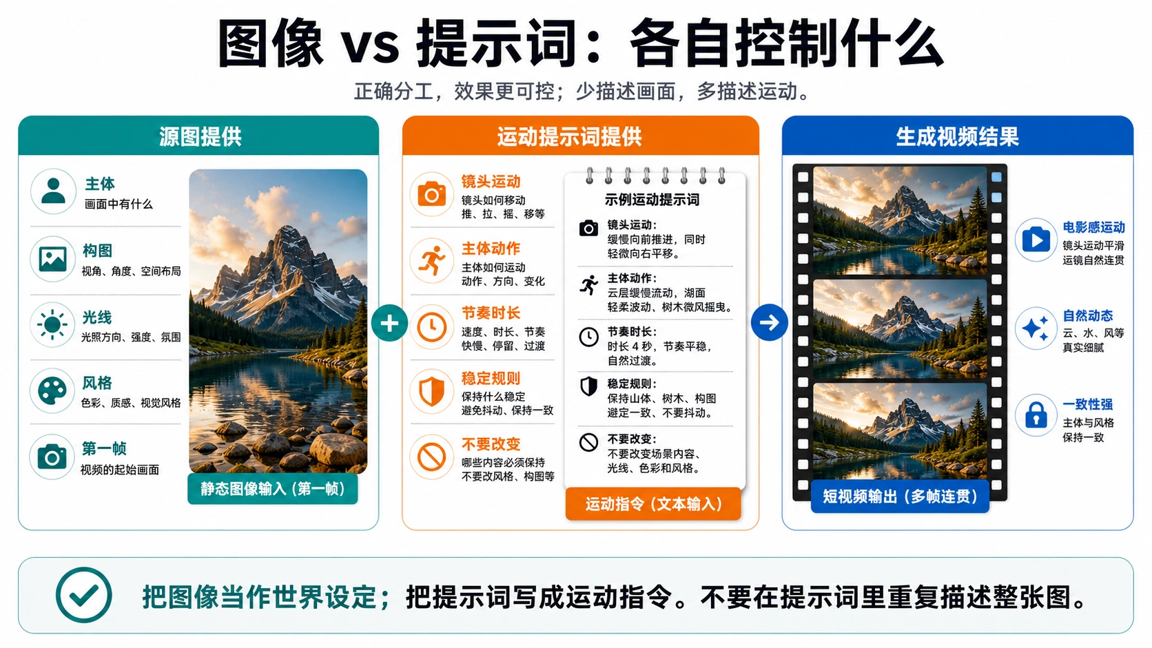 原图和 motion prompt 的职责拆分:原图固定主体、构图和风格,提示词描述镜头、动作、节奏和稳定规则。