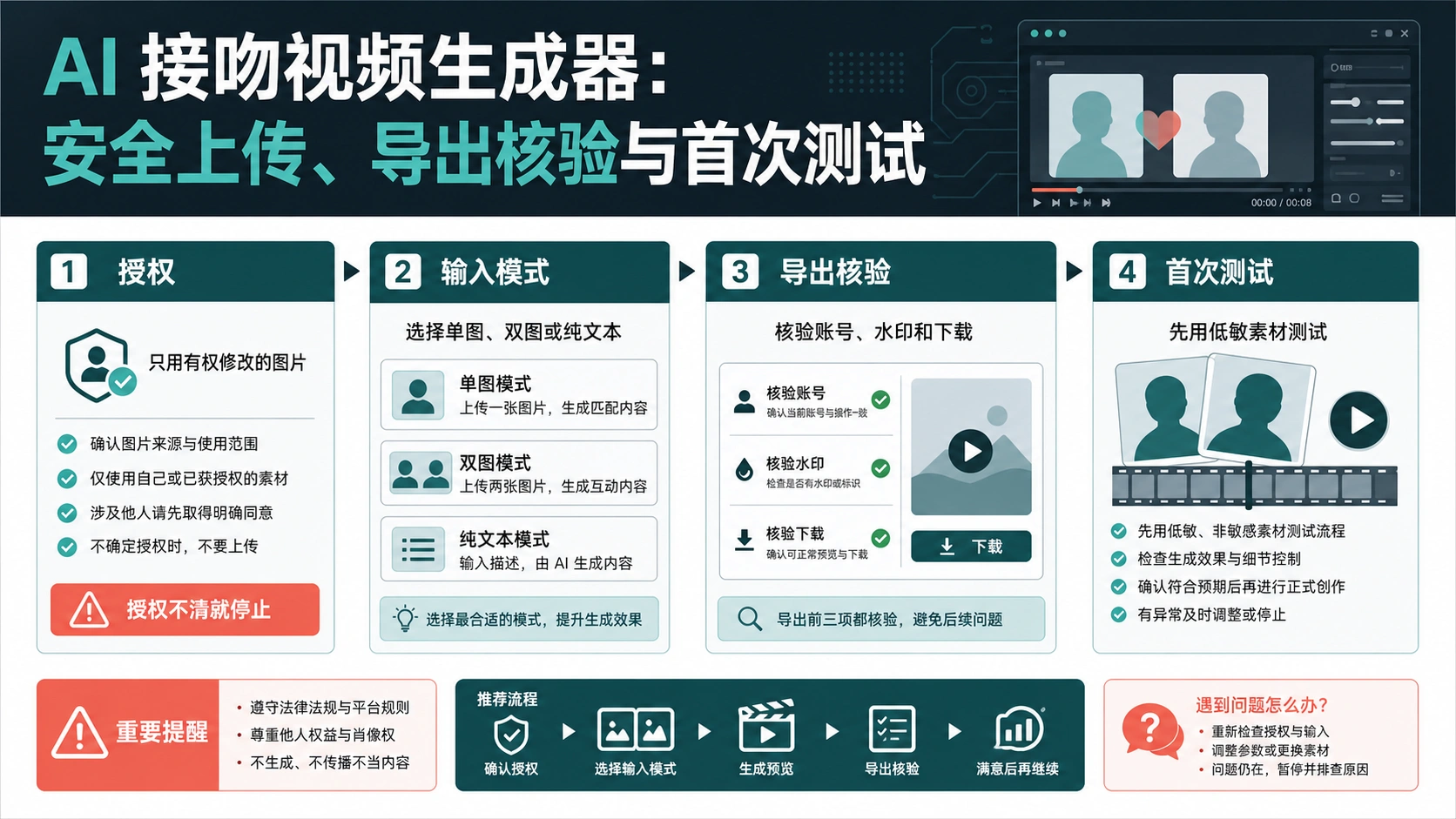 AI 接吻视频生成器:上传照片前先检查权限、免费导出和首测