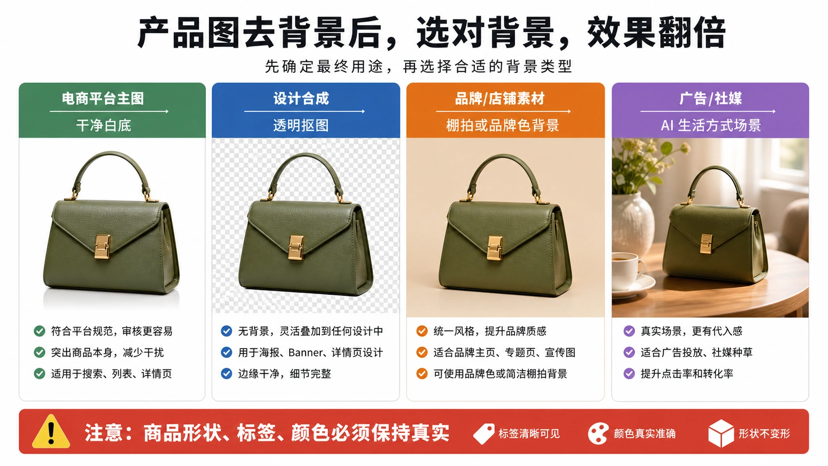 按平台主图、透明抠图、棚拍背景和AI场景图划分商品图输出路线。