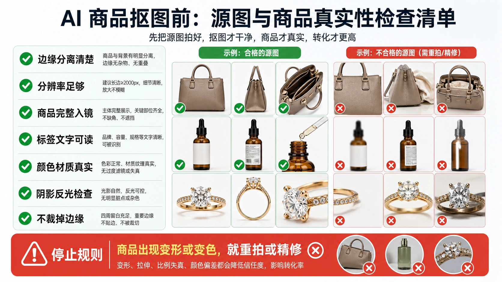 商品图去背景前的原图质量、边缘和商品真实性检查清单。