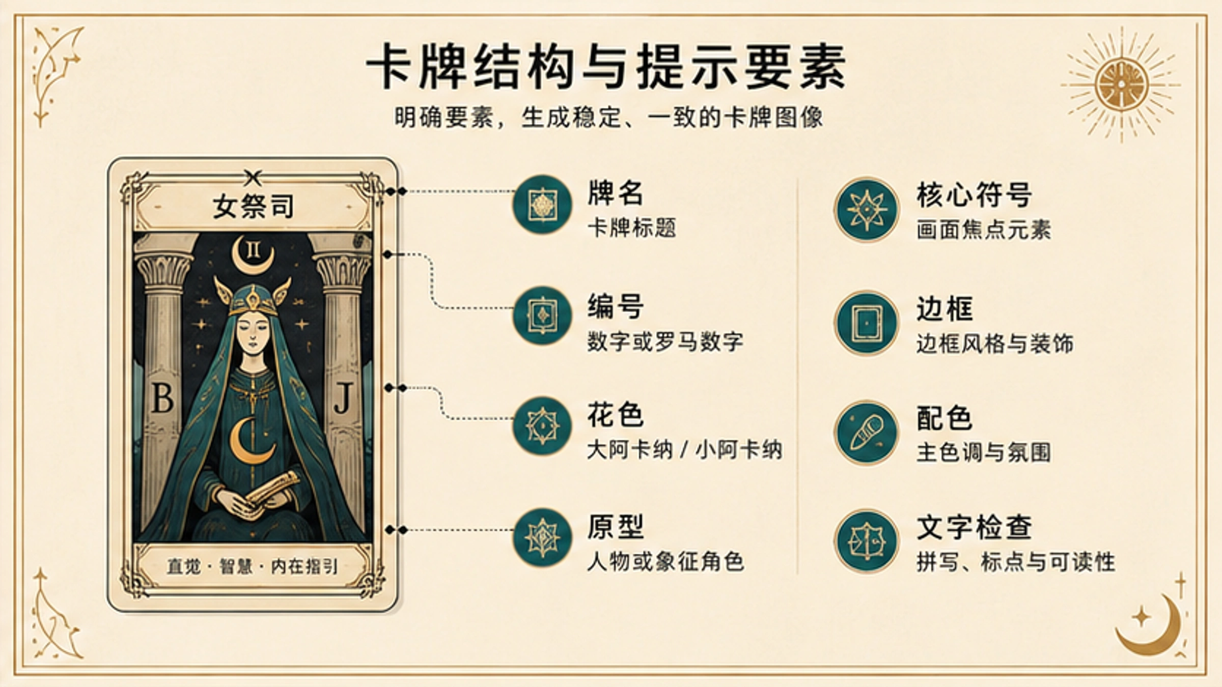 塔罗卡面提示词结构图,包含牌名、编号、牌组、象征物、边框、配色和文字检查