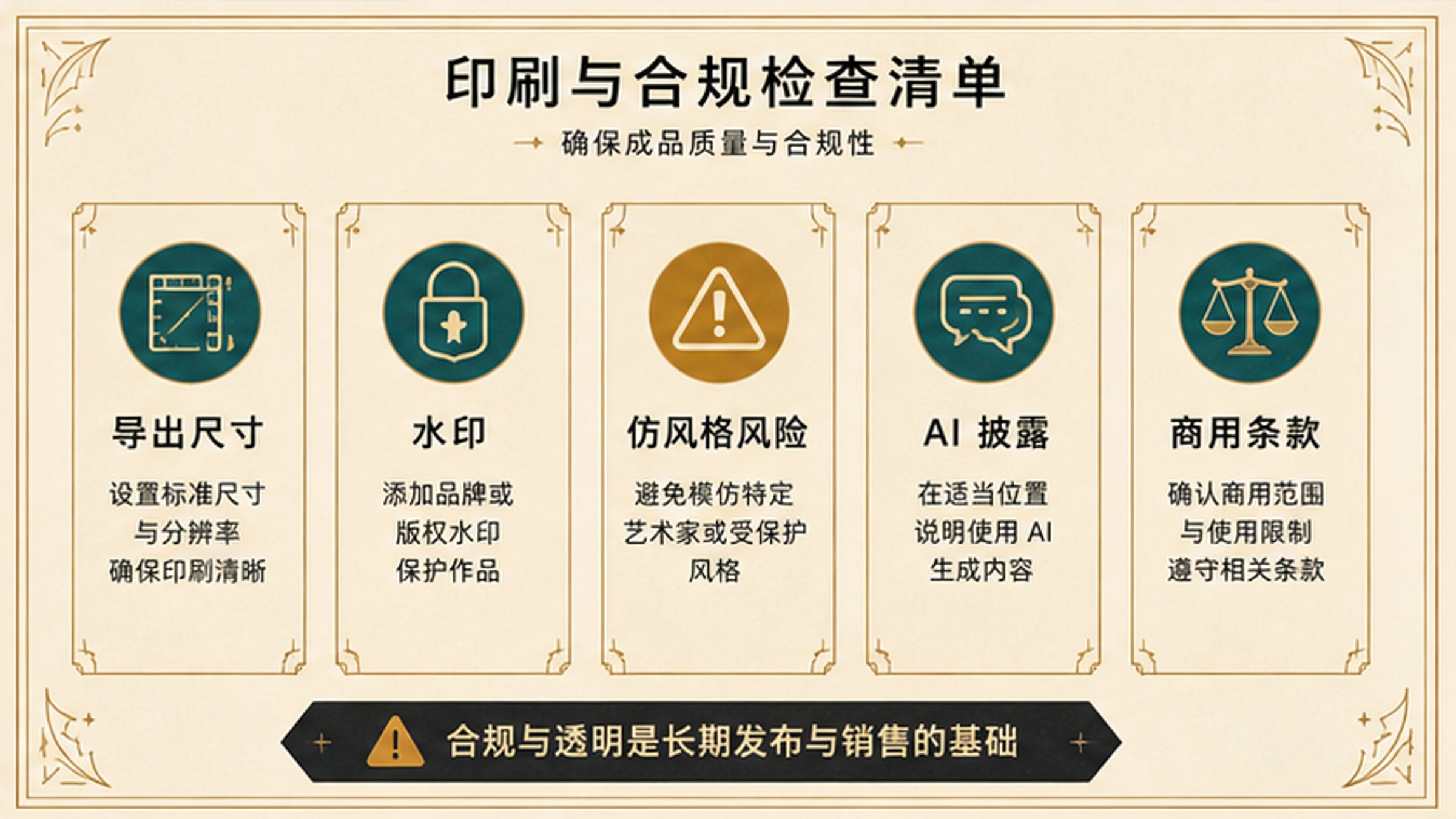 发布或售卖 AI 塔罗牌前检查导出尺寸、水印、仿作风险、AI 披露和商用条款的清单