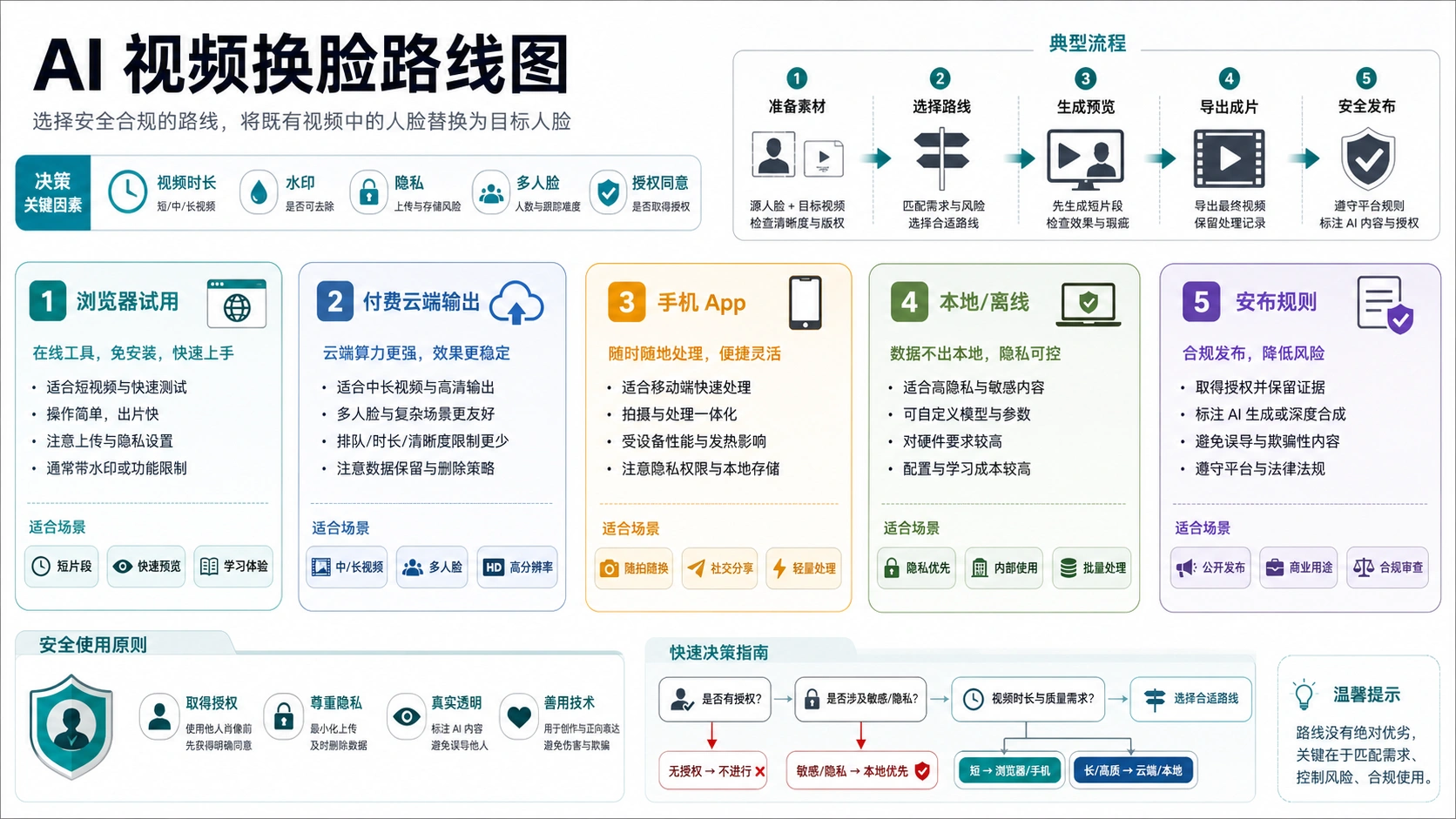 AI 视频换脸路线选择图,覆盖浏览器、云端、手机、本地软件和发布规则