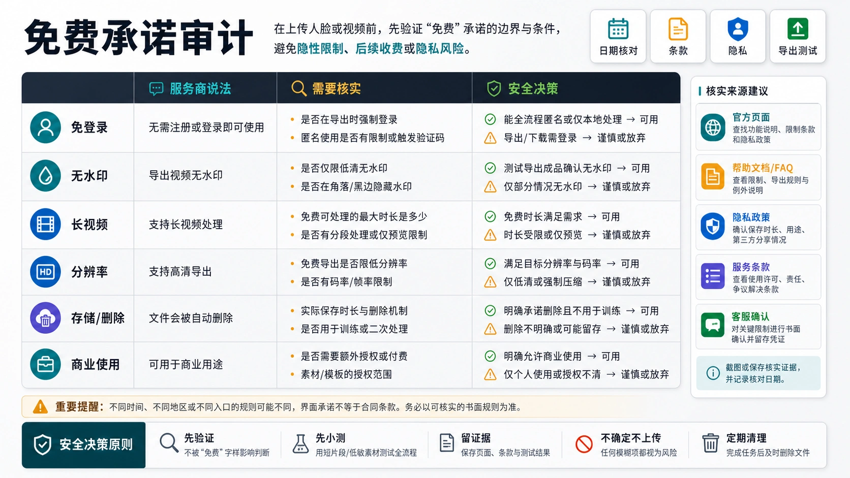 AI 视频换脸免费承诺审计表,拆开免登录、水印、长视频、隐私和商用限制
