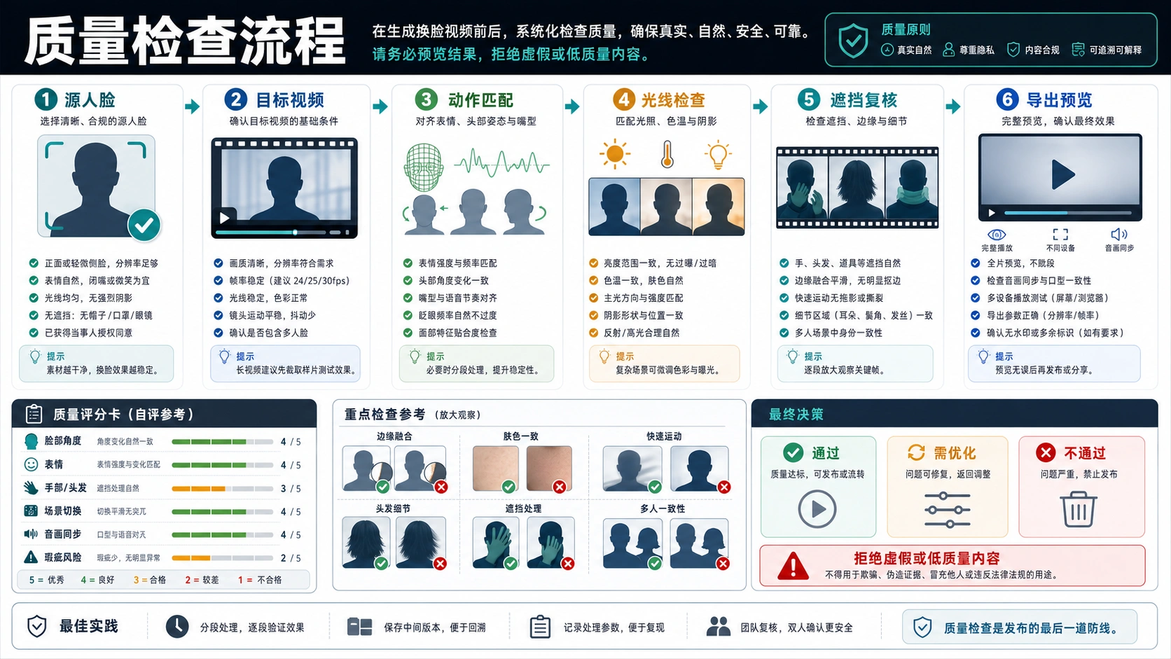 AI 视频换脸画质流程图,覆盖源人脸、目标视频、运动、光线、遮挡和导出预览