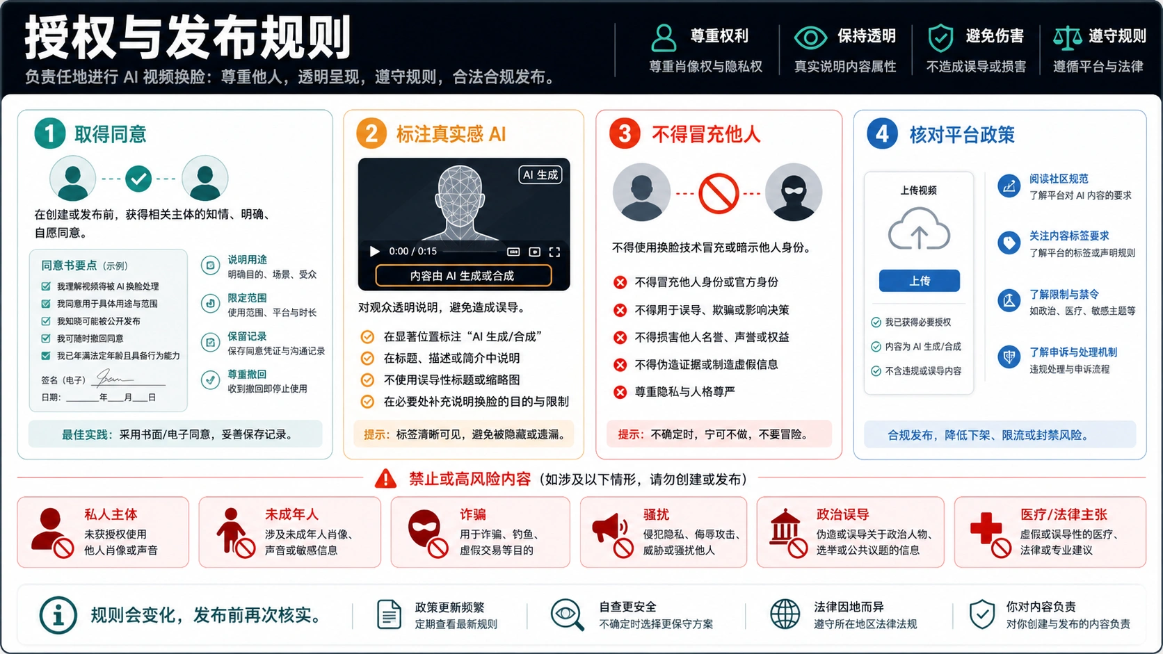 AI 视频换脸发布前规则图,覆盖同意、披露、冒充、未成年人、欺诈、骚扰和平台检查