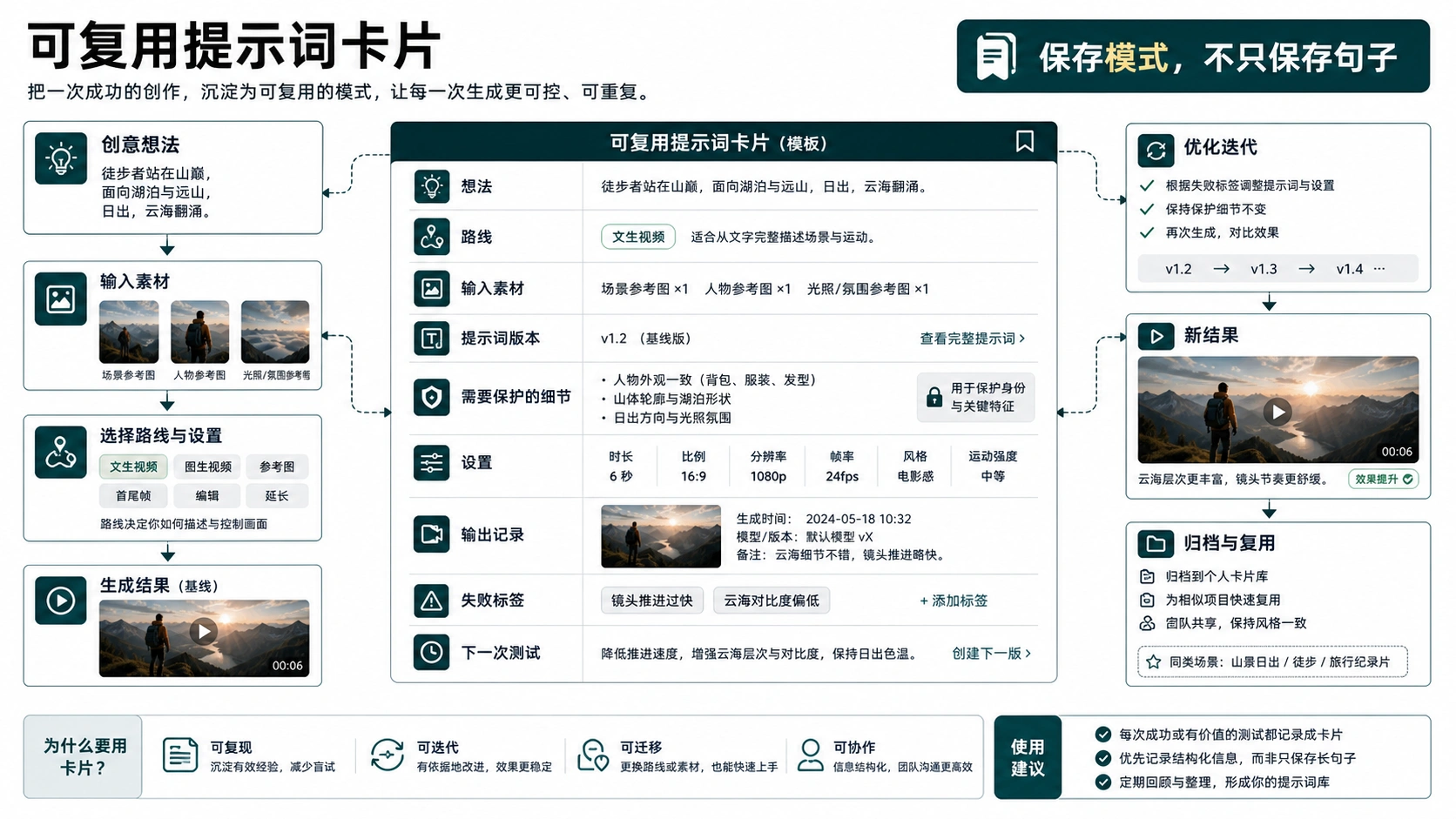 可复用的 AI 视频提示词卡，记录想法、路线、输入、设置、结果和下一次测试