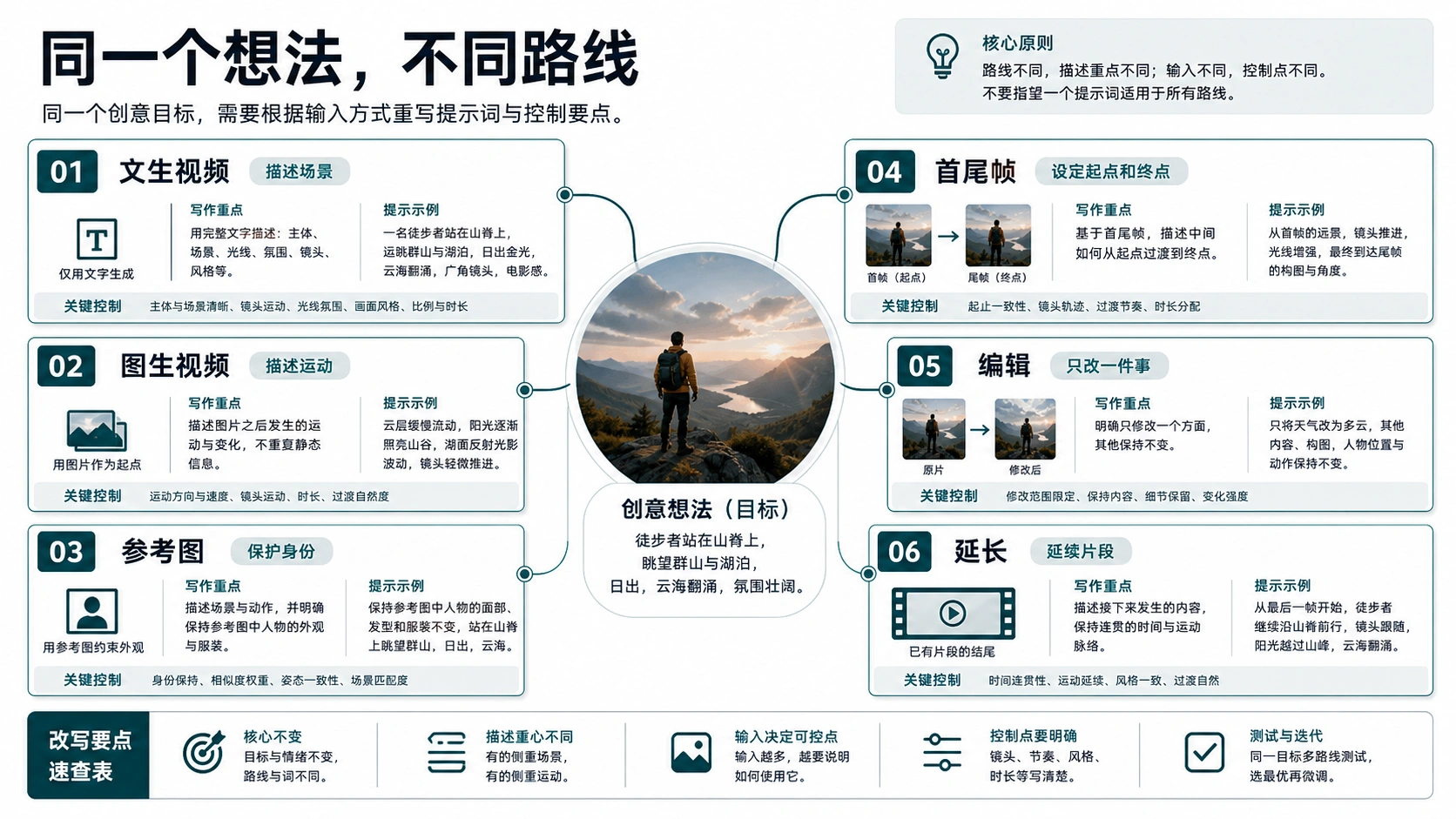 同一个视频想法在文生视频、图生视频、参考图、首尾帧、编辑和延长路线中的改写图