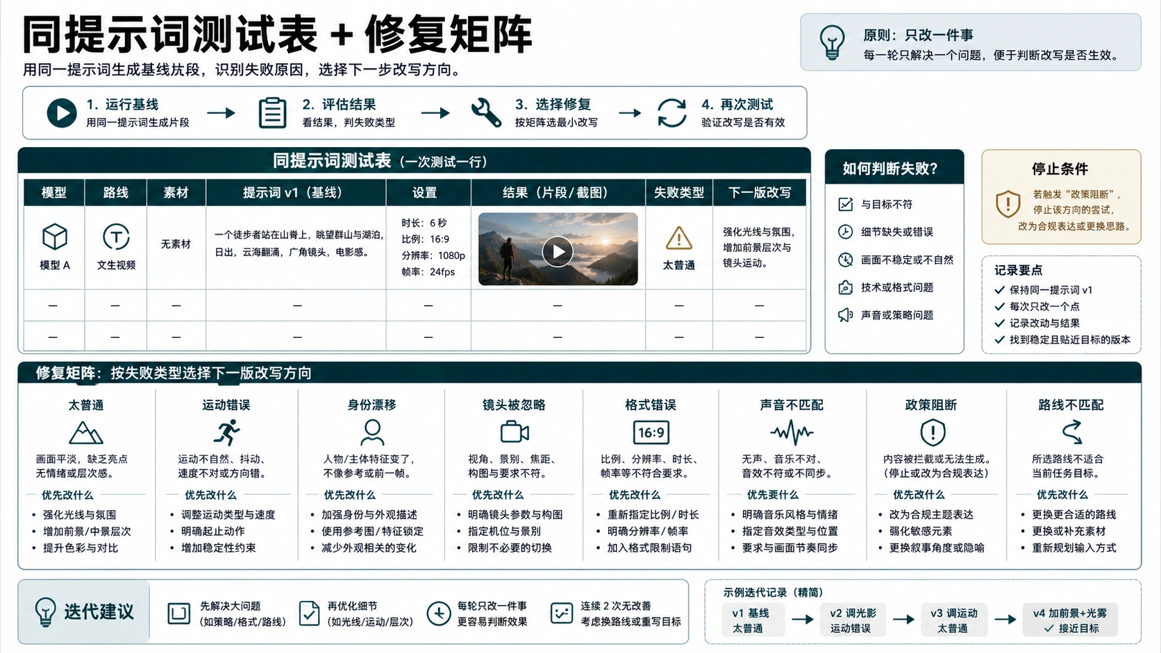 AI 视频提示词同提示词测试表和失败修复矩阵