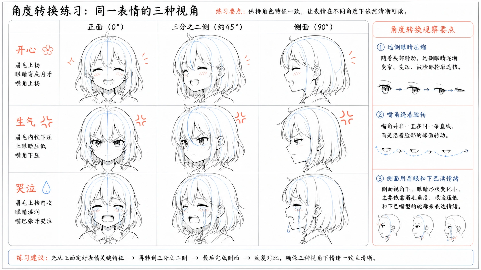 动漫少女表情角度转换图,展示正面、四分之三侧面和侧面的开心、生气、哭泣表情