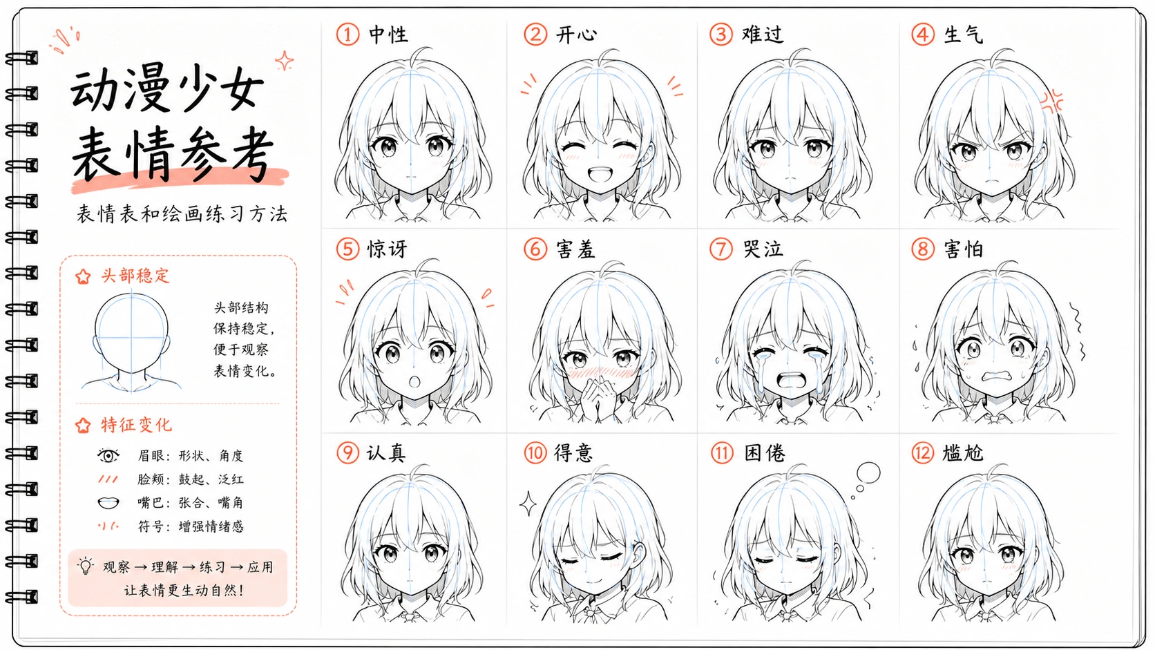 原创动漫少女表情参考表,包含平静、开心、难过、生气、惊讶、害羞、哭泣、害怕、认真、得意、困倦和尴尬表情