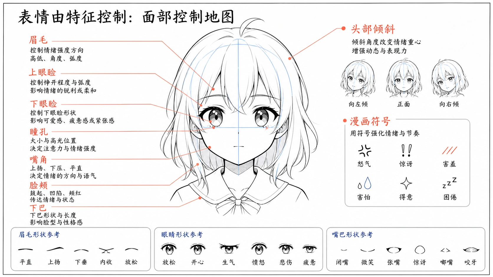 动漫少女五官控制图,标出眉毛、上眼睑、下眼睑、瞳孔、嘴角、脸颊、下巴、头部倾斜和漫画符号
