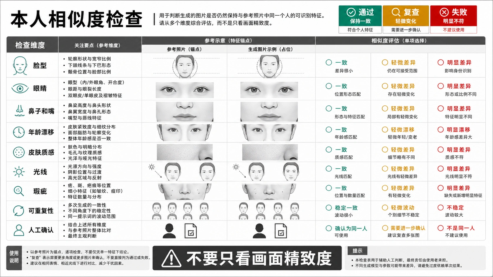同脸证明表,用来检查脸型、眼睛、年龄漂移、瑕疵和复现性