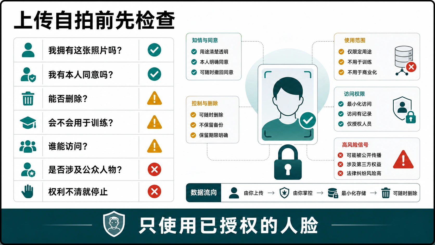 AI 人脸照片上传前的自拍权限、隐私和授权清单