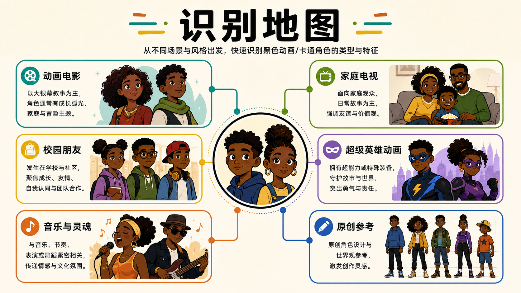 按动画电影、家庭电视、校园朋友、超级英雄动画、音乐与灵魂、原创参考分组的黑人动画角色识别地图。