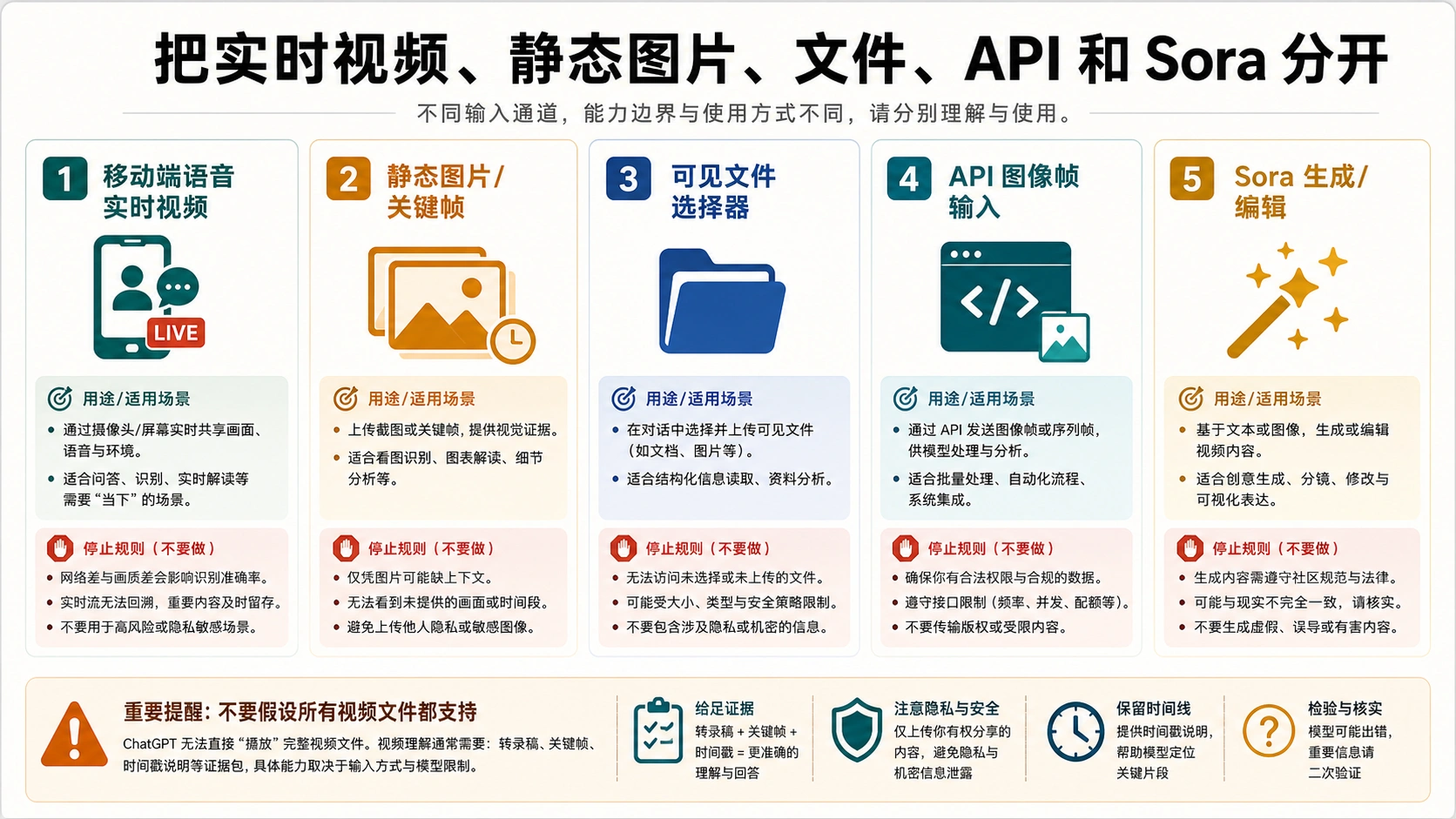 实时视频、静态图片、可见文件选择器、API 图像帧输入和 Sora 生成的边界图