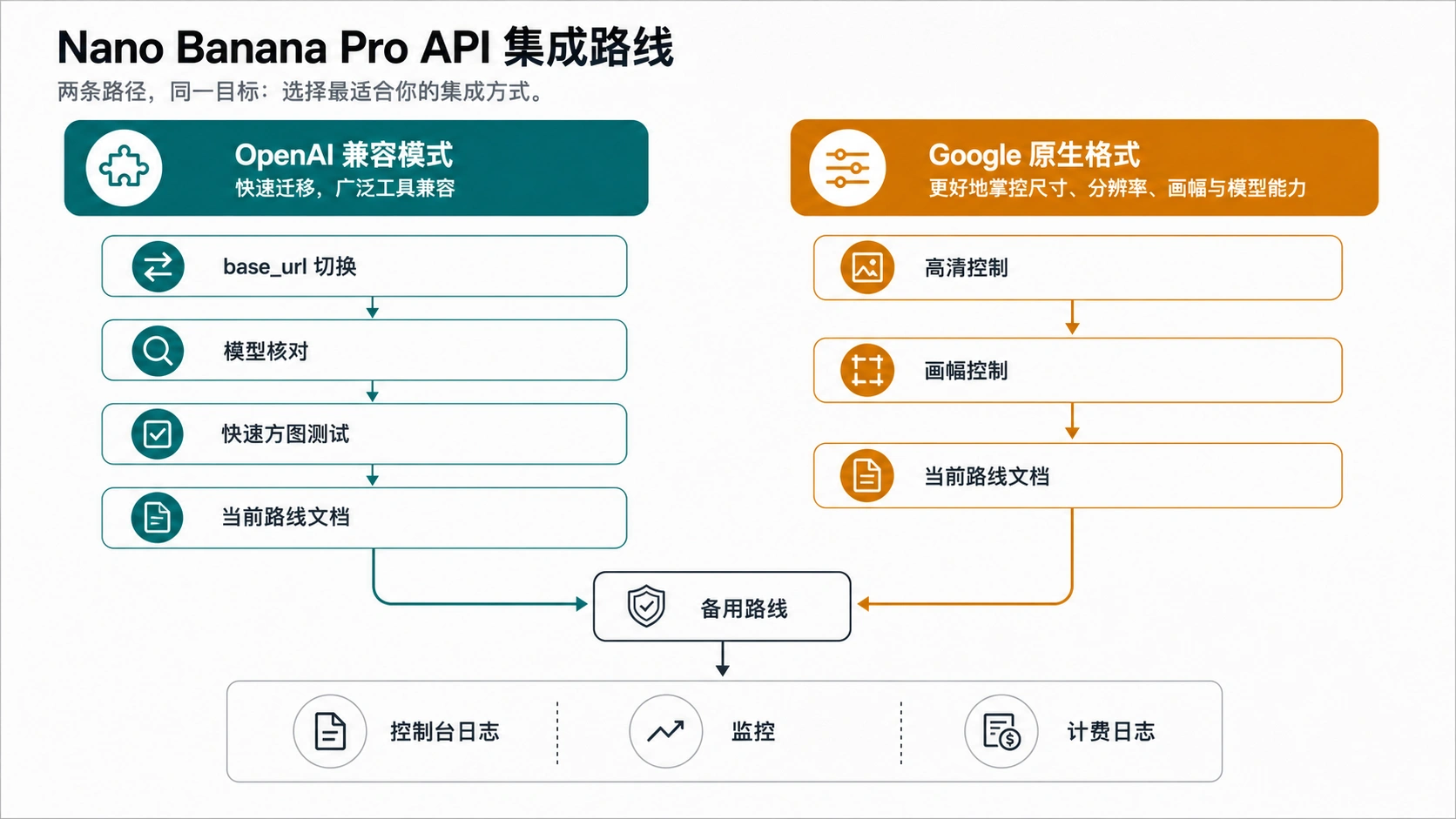 Nano Banana Pro API 接入路径图：OpenAI 兼容 SDK、原生 Gemini 请求、路线配置和日志核对