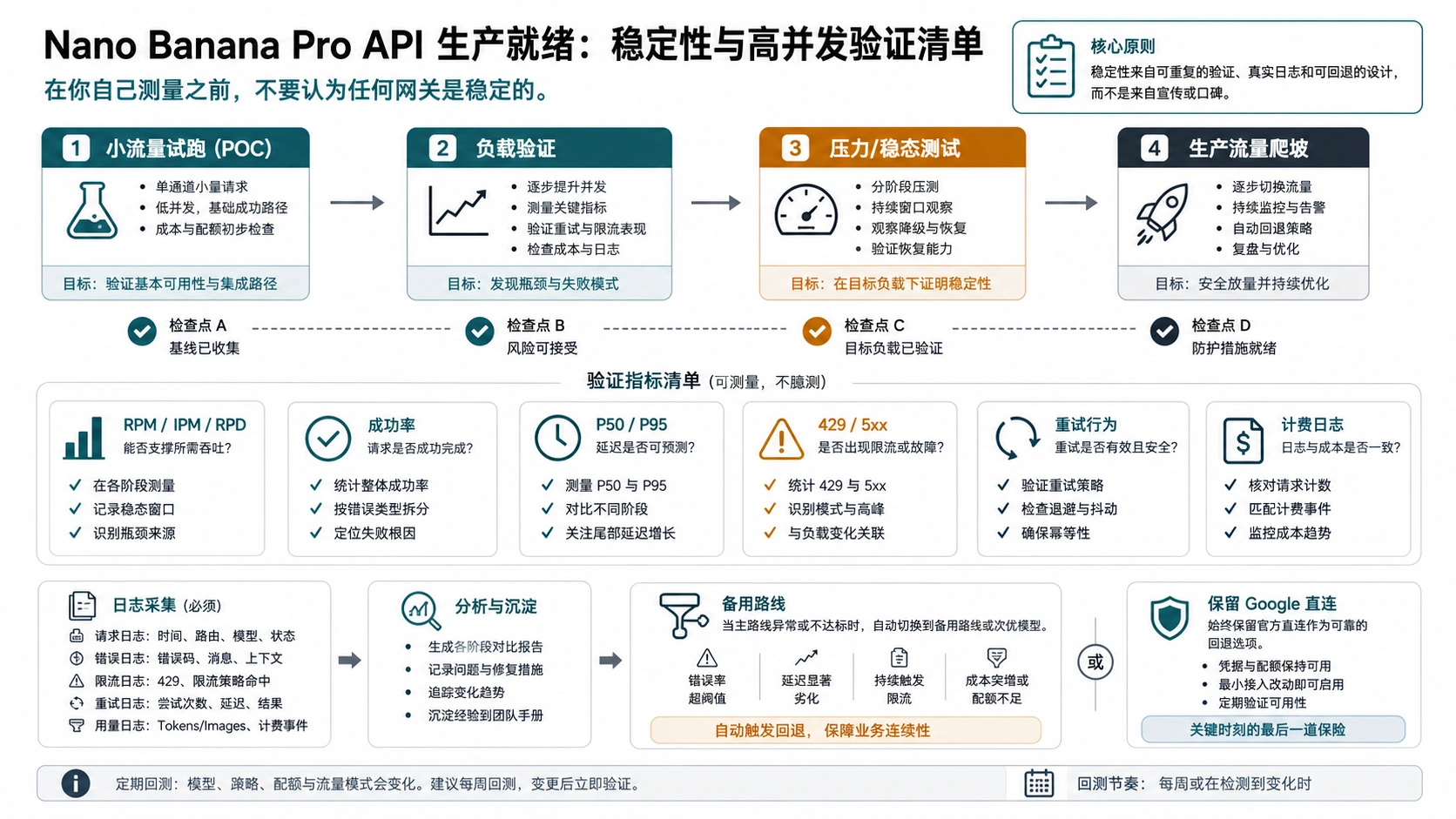 Nano Banana Pro API 稳定性验证板：配额、日志、成功率、P50、P95、重试成本和备用线路
