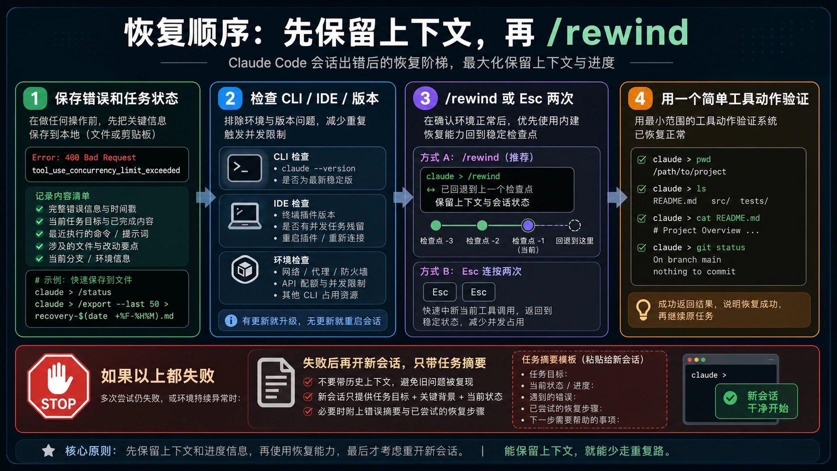 Claude Code API Error 400 的 /rewind 恢复顺序