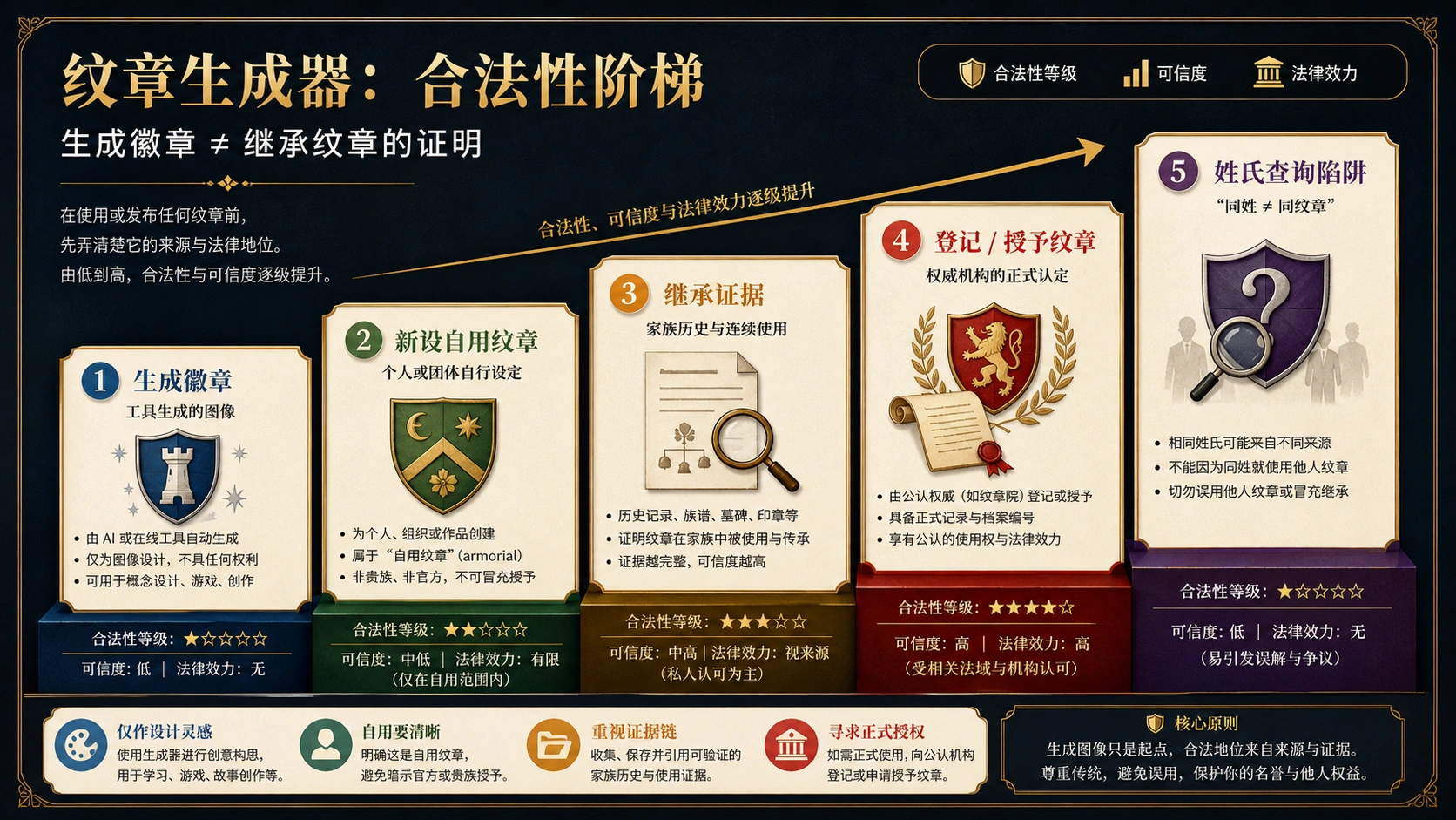 族徽合法性阶梯,区分生成徽章、个人采用、继承证明、登记授予和姓氏陷阱