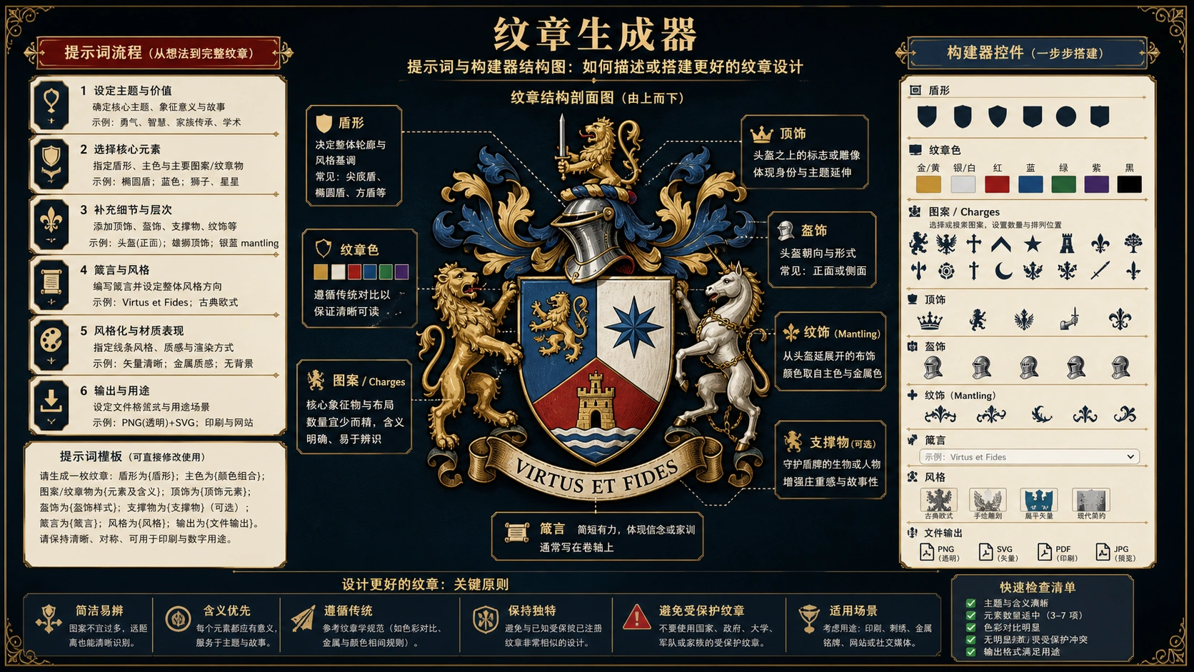 族徽提示词和制作简报结构,标出盾牌、颜色、charge、crest、格言、唯一性和文件检查