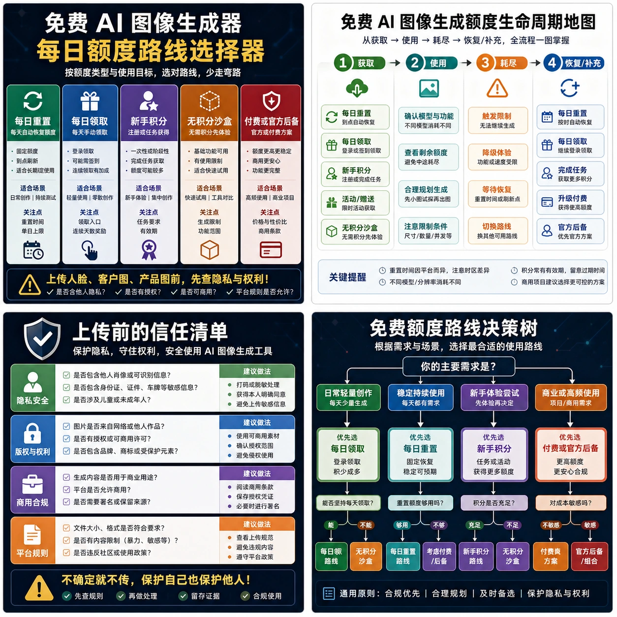 免费 AI 生图上传信任清单,覆盖账号、公开输出、上传存储、商用权利、水印、支持和付费后备