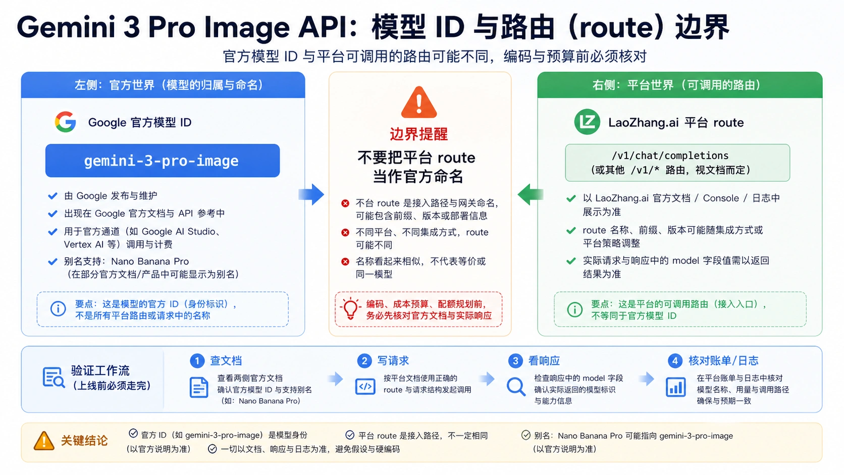 Gemini 3 Pro Image API 模型 ID 与平台 route 边界图,说明 Google 官方 ID 和平台可调用 route 需要分别核对