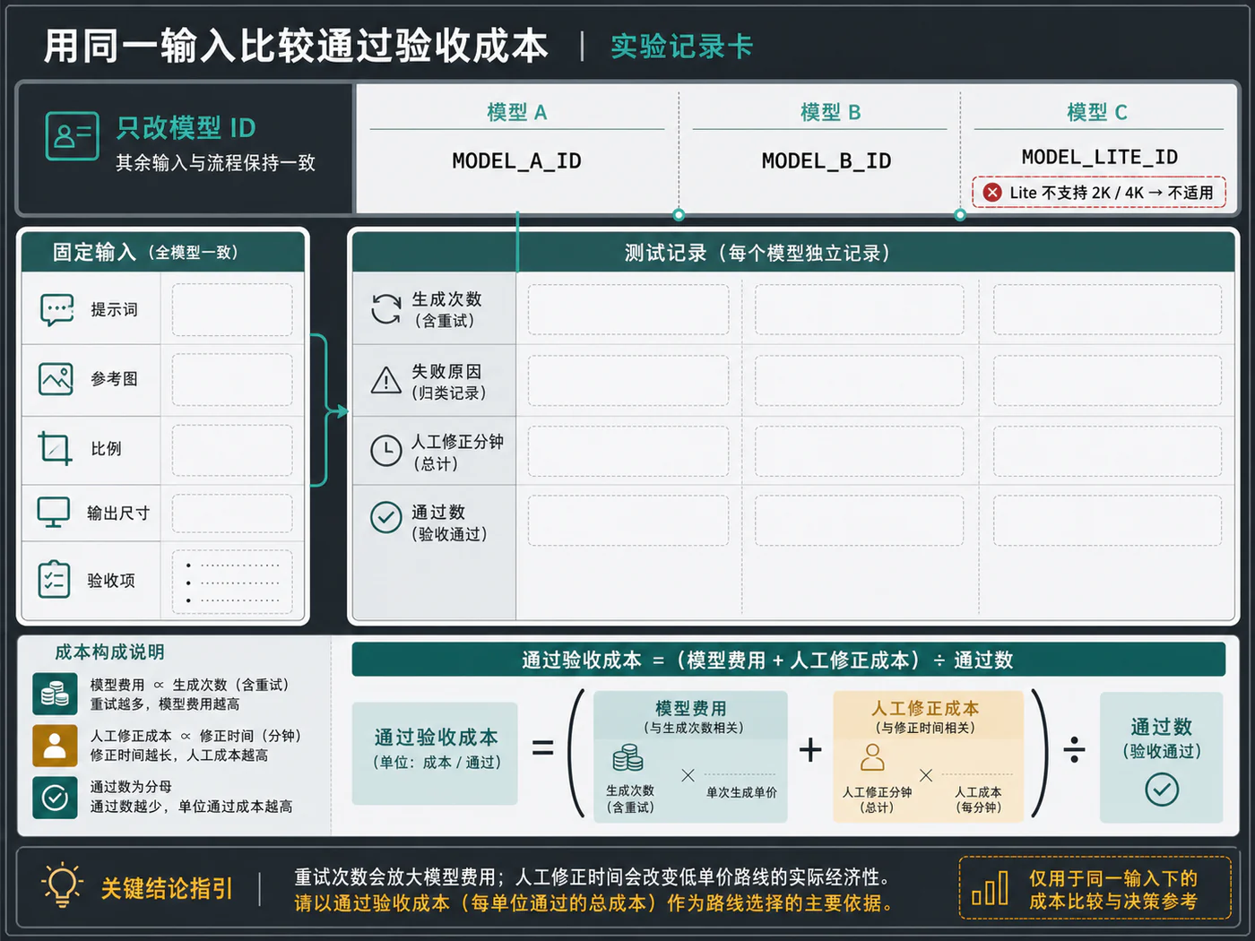 同一输入验收卡：固定提示词、参考图、比例与验收项，记录重试和人工修正后再比较通过验收成本。