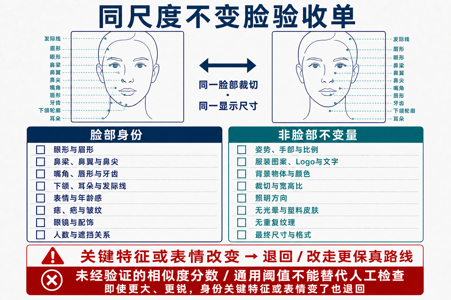 照片放大不变脸验收单，按眼眉、鼻口、轮廓、身份标记和非脸部不变量逐项检查