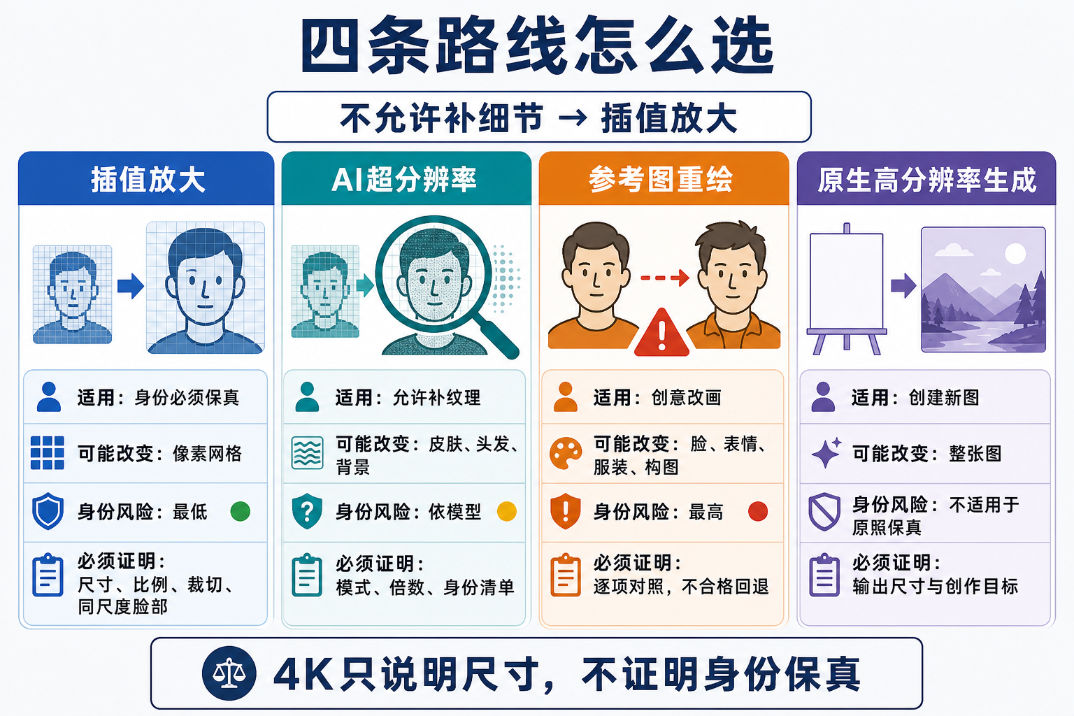 四条照片放大路线的选择矩阵，展示每条路线可改变的内容、身份风险与必要证据