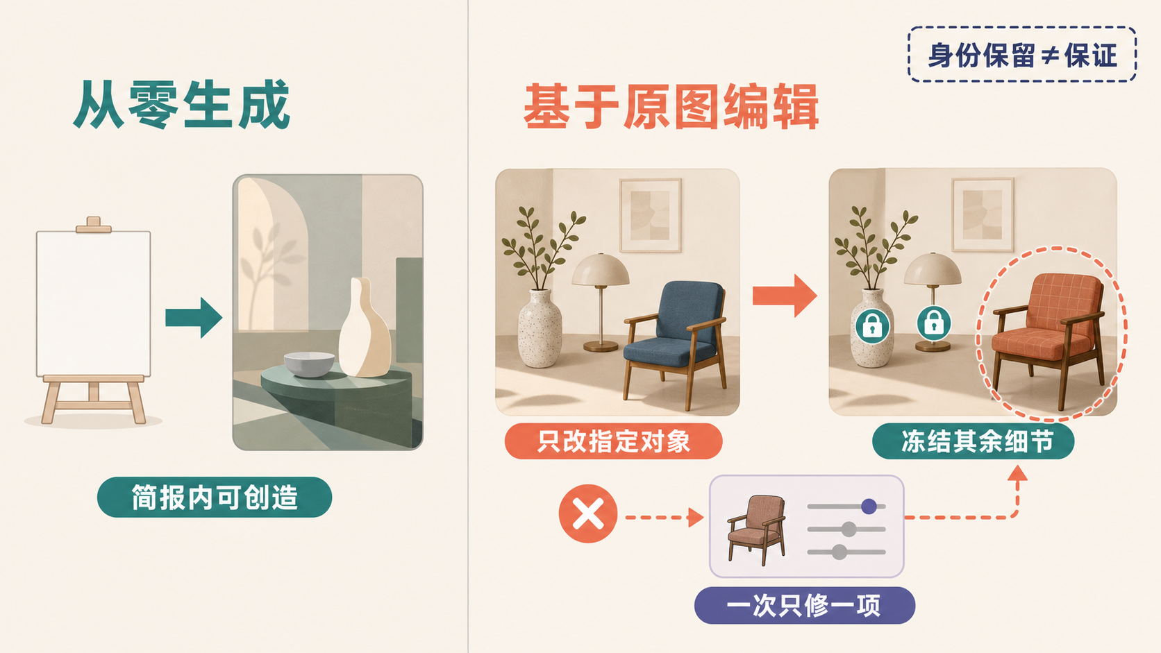 从零生成和基于原图编辑的提示词合同分流图：生成允许在简报内创造，编辑只改指定对象并冻结其余细节