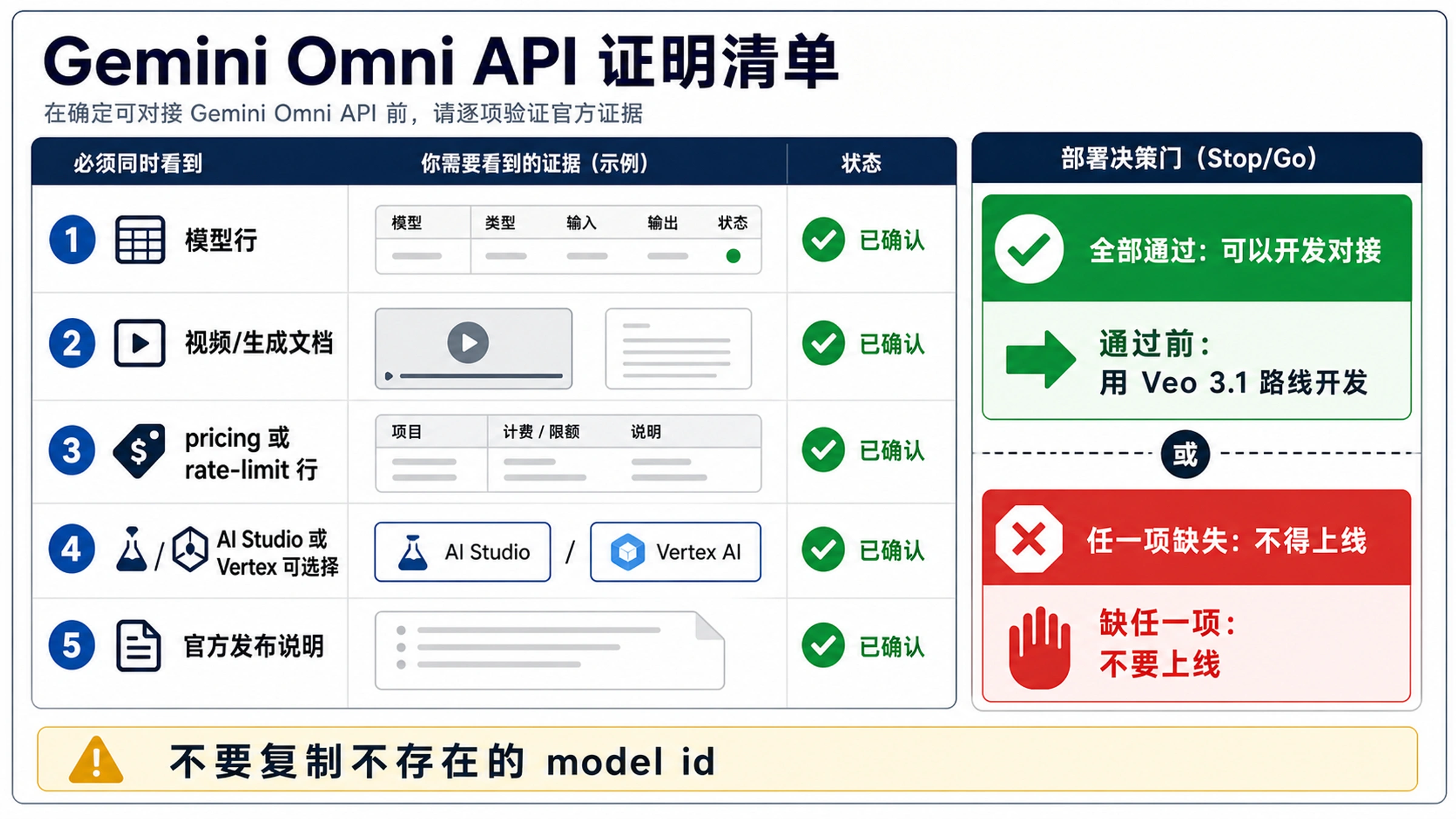Gemini Omni API 证明清单图,列出模型行、视频文档、定价或限制、AI Studio 或 Vertex 选择器和官方发布说明等上线门槛