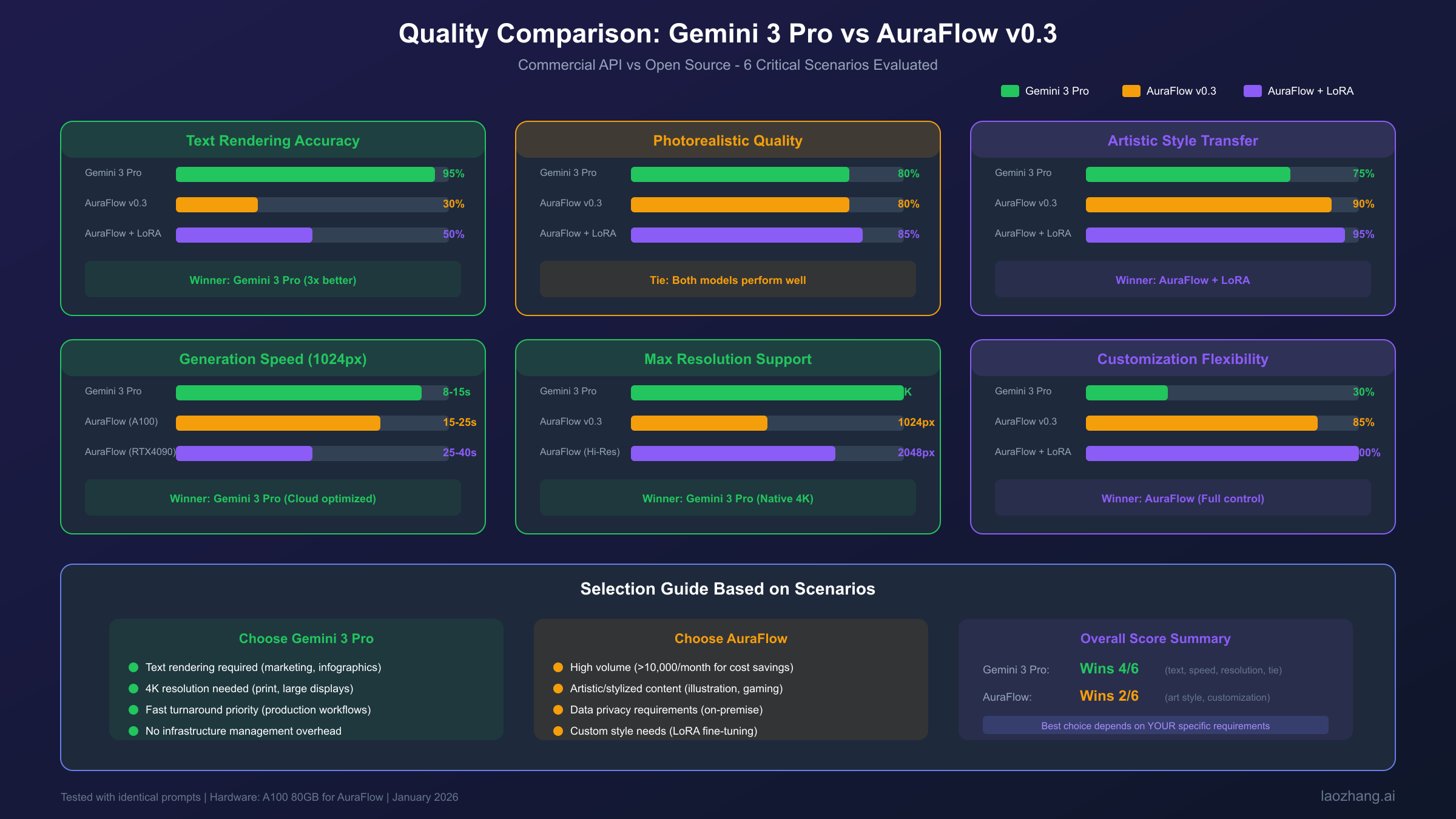 Gemini 3 Pro与AuraFlow在不同场景下的质量评分对比