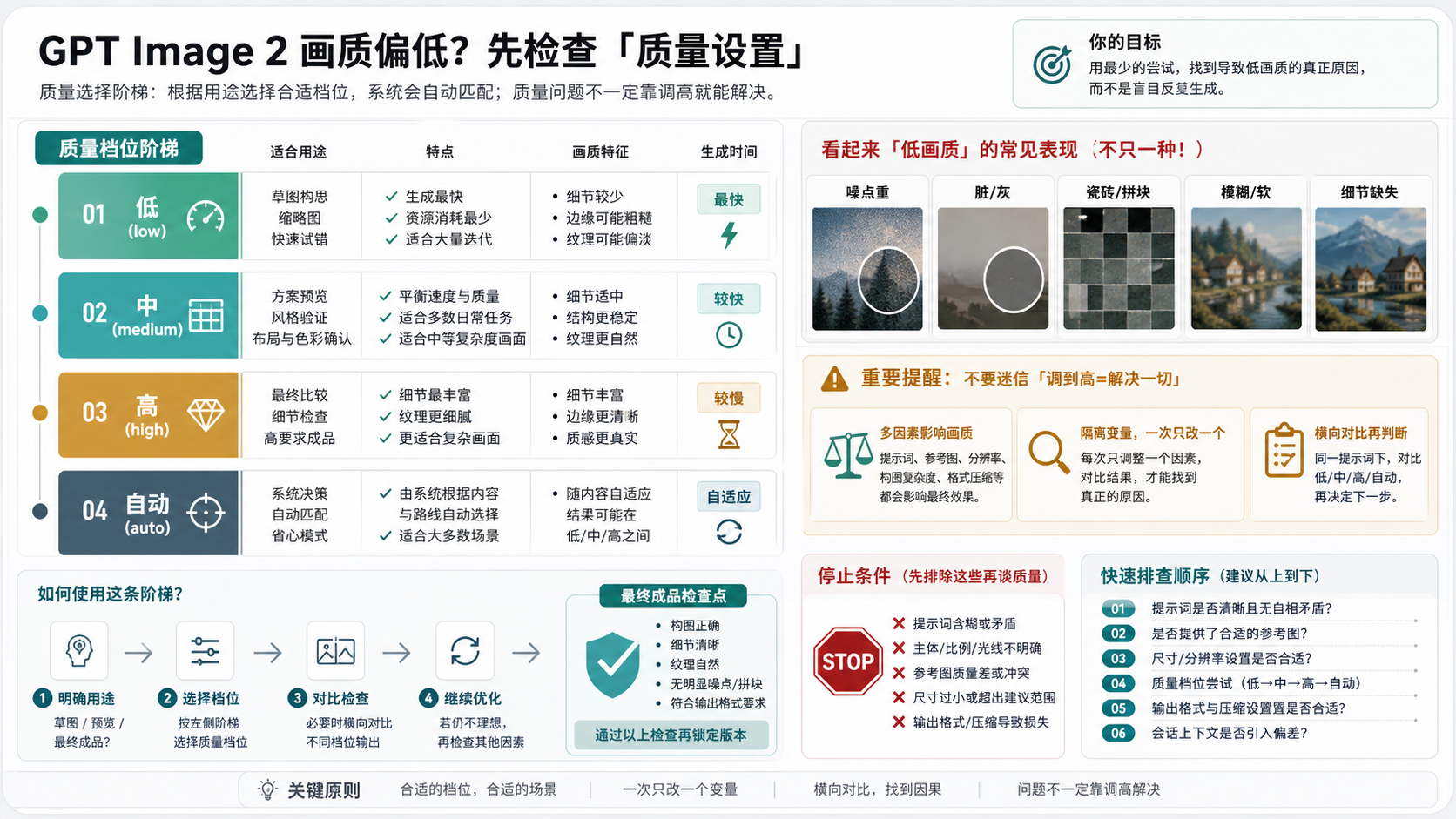 GPT Image 2 quality 设置阶梯，展示 low、medium、high 和 auto