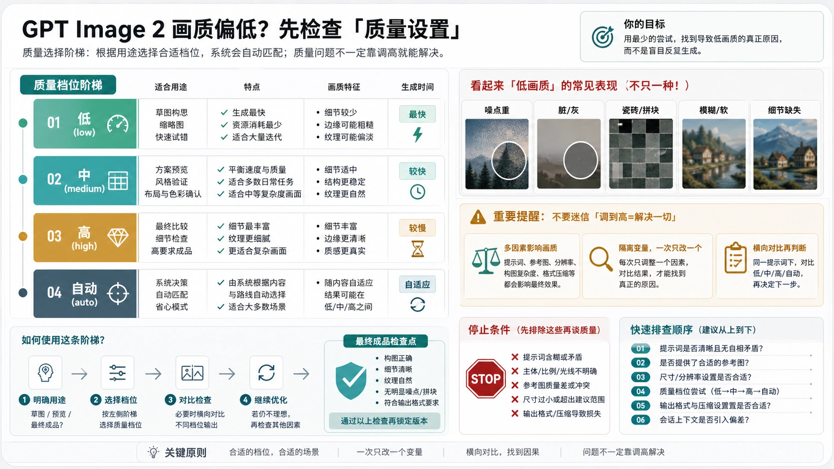 GPT Image 2 quality 设置阶梯，展示 low、medium、high 和 auto