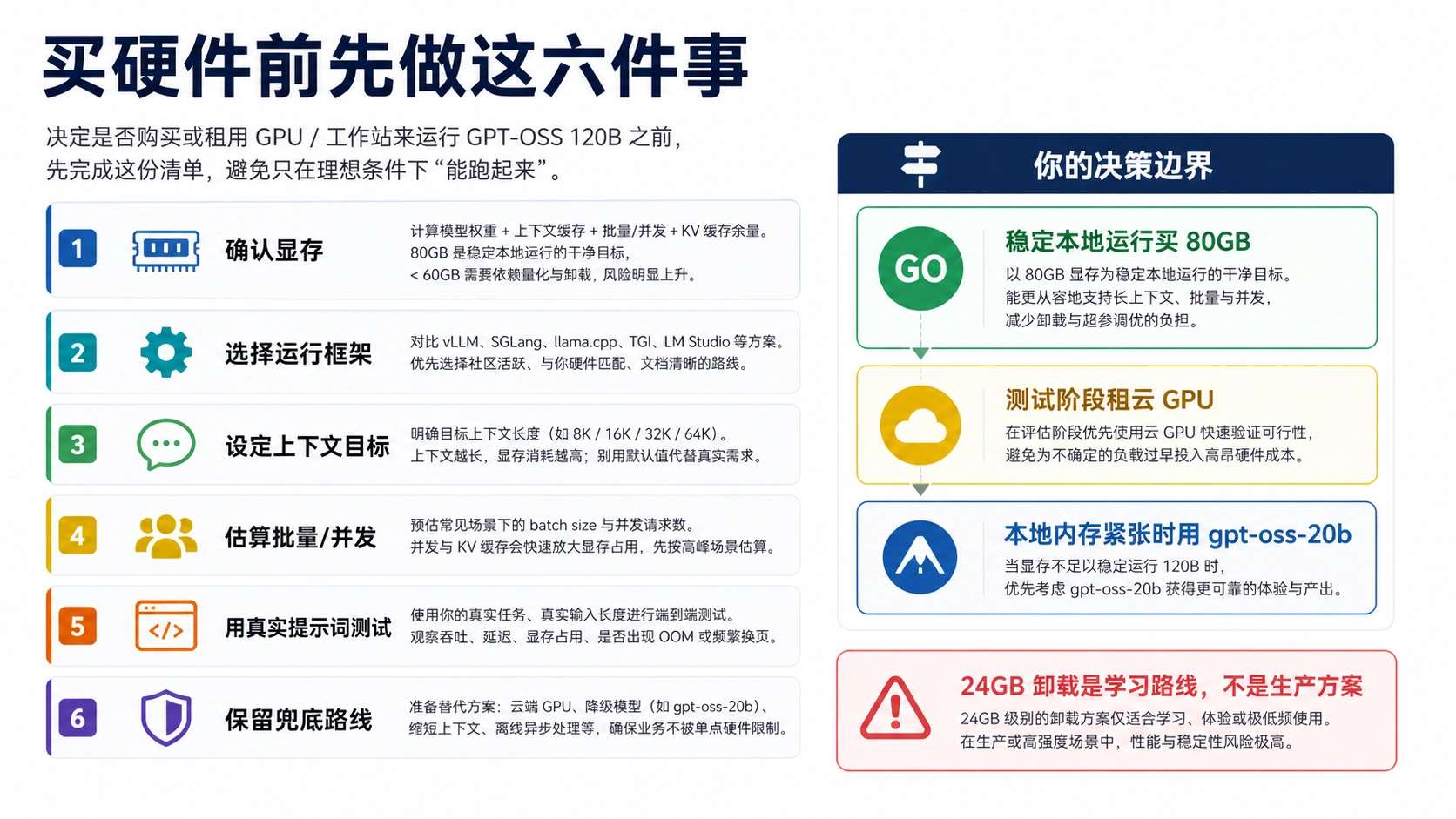 GPT-OSS 120B 购买前硬件清单，覆盖 VRAM、运行时、上下文、batch、真实 prompt 和后备路线