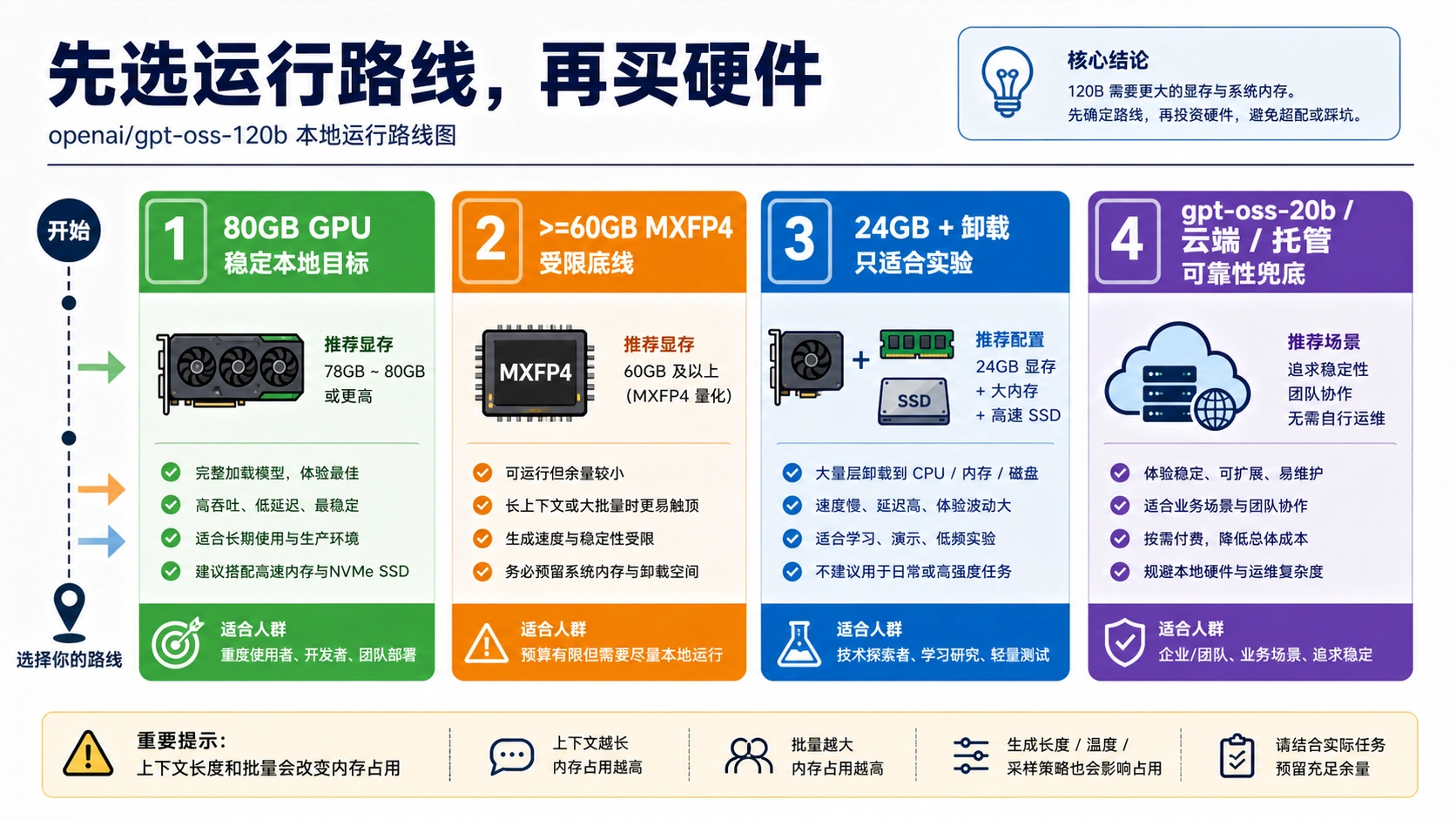 GPT-OSS 120B 运行路线图，比较 80GB GPU、60GB MXFP4、24GB 卸载、20B、云 GPU 和托管访问