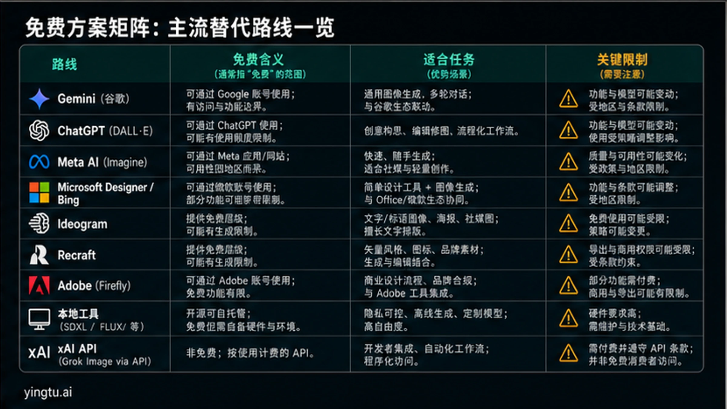 免费合同矩阵，比较 Gemini、ChatGPT、Meta AI、Microsoft Designer、Ideogram、Recraft、Adobe、本地工具和 xAI API