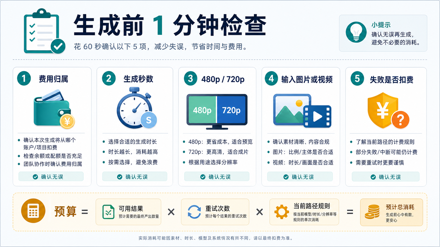 Grok Imagine 视频生成前检查表，覆盖费用归属、时长、分辨率、输入媒体和余额