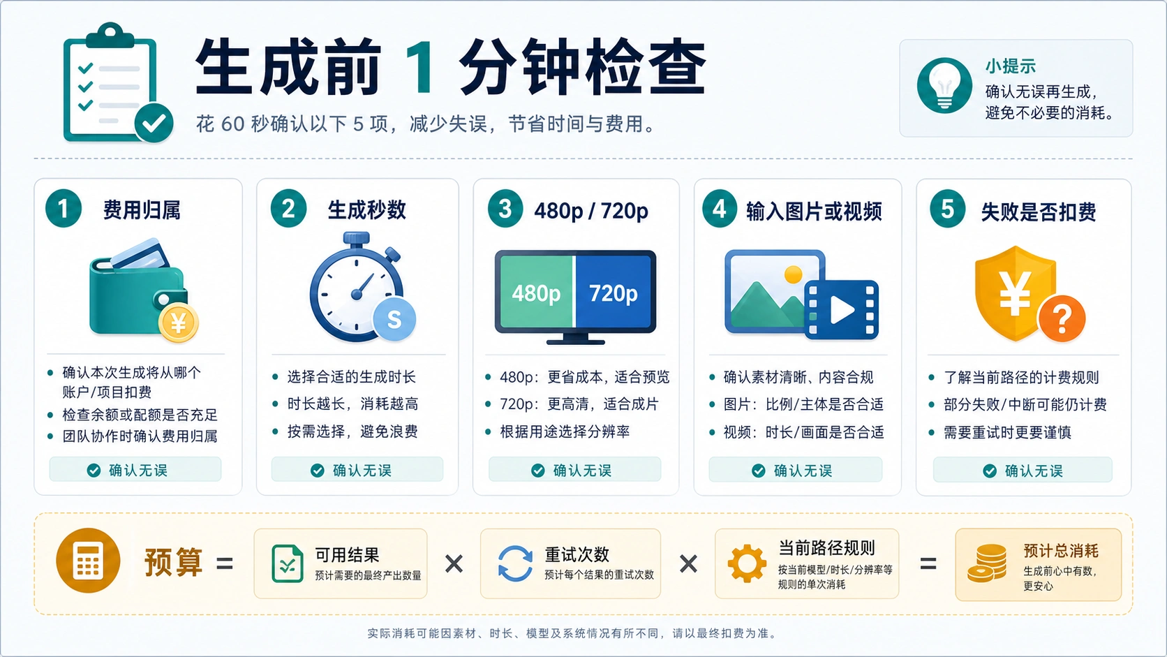 Grok Imagine 视频生成前检查表，覆盖费用归属、时长、分辨率、输入媒体和余额