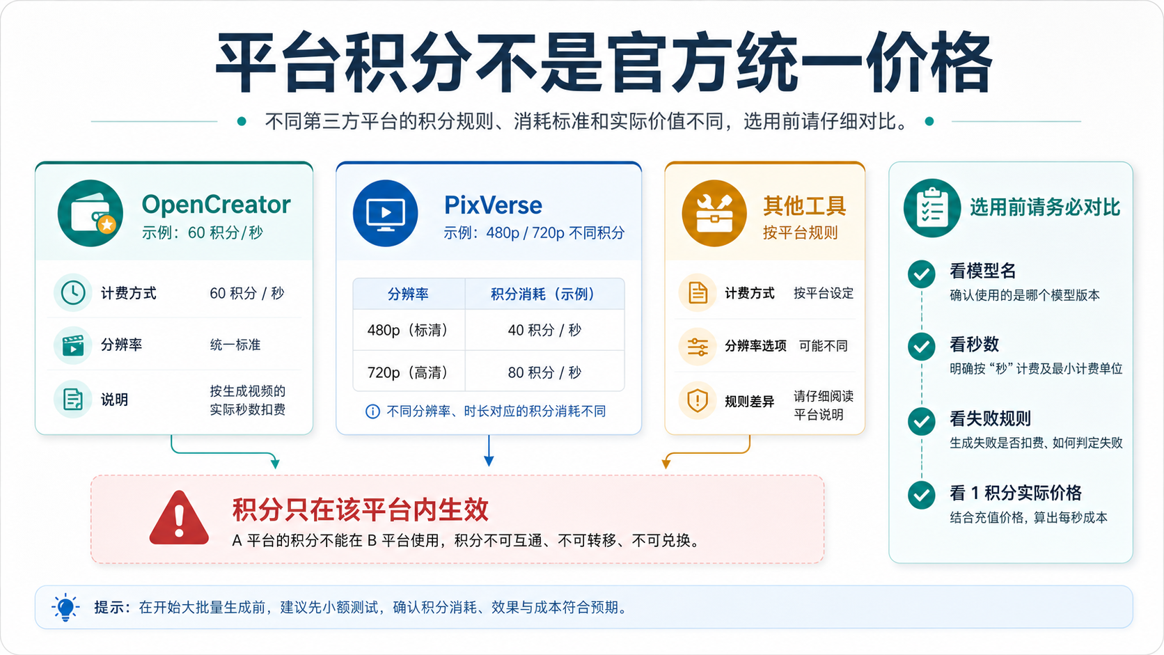 第三方平台积分钱包对比，说明 Grok Imagine 视频积分规则只在平台内生效
