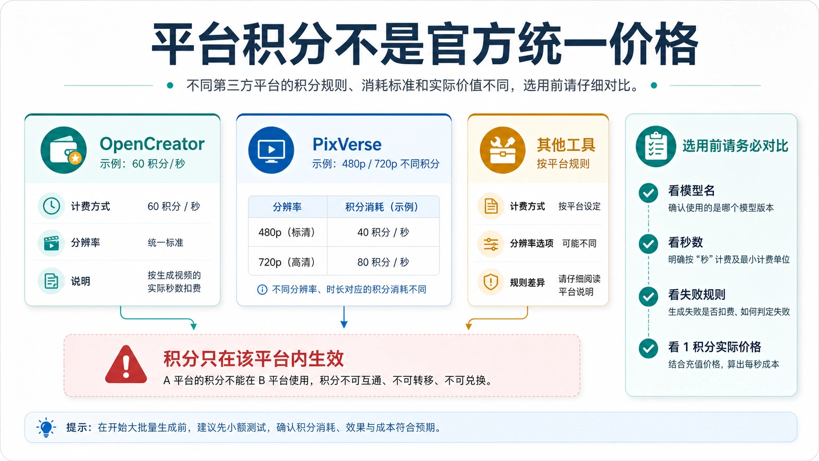 第三方平台积分钱包对比，说明 Grok Imagine 视频积分规则只在平台内生效