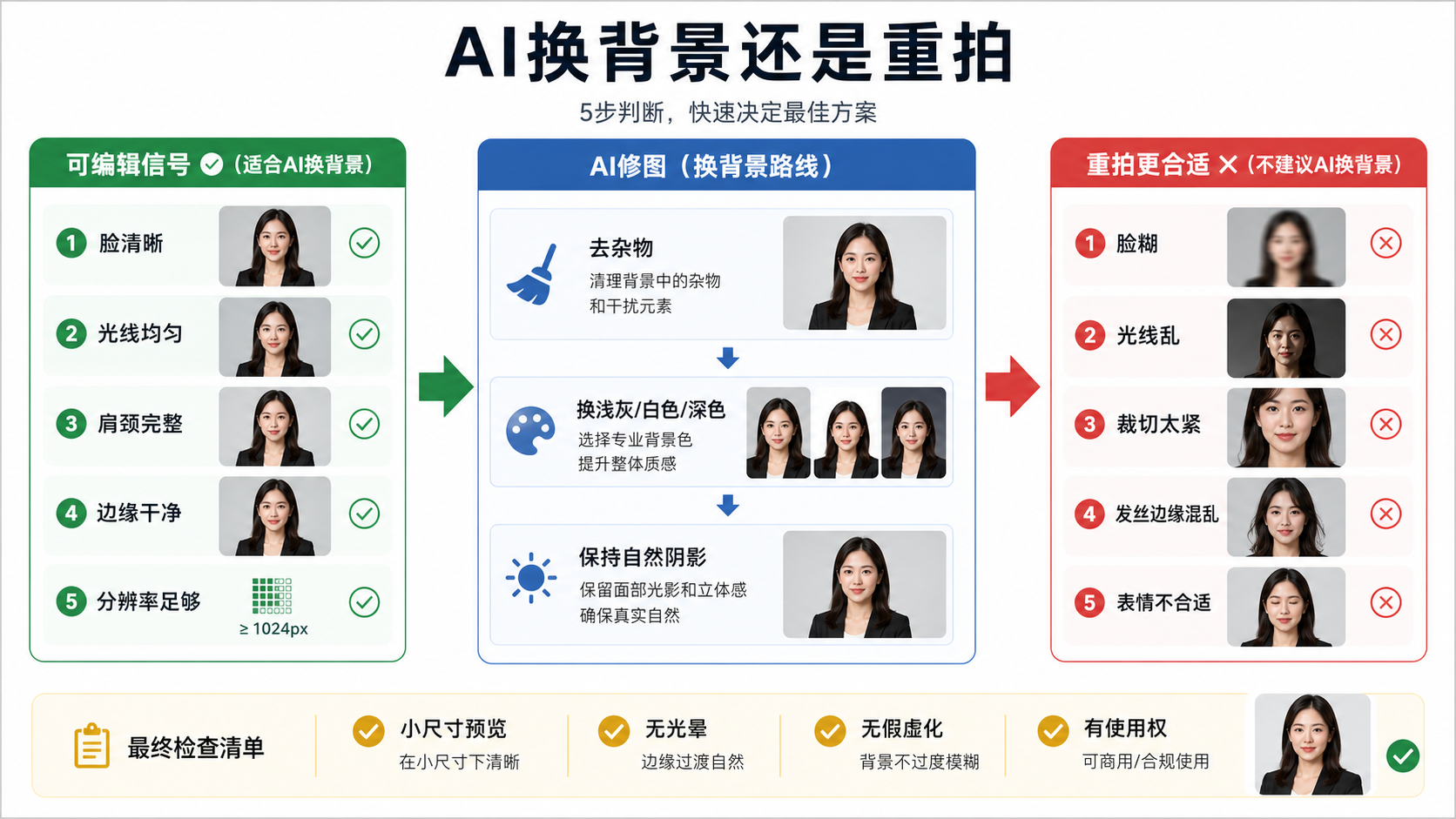 AI 换背景或重拍判断流程，包含源照片质量、修图路线和发布检查